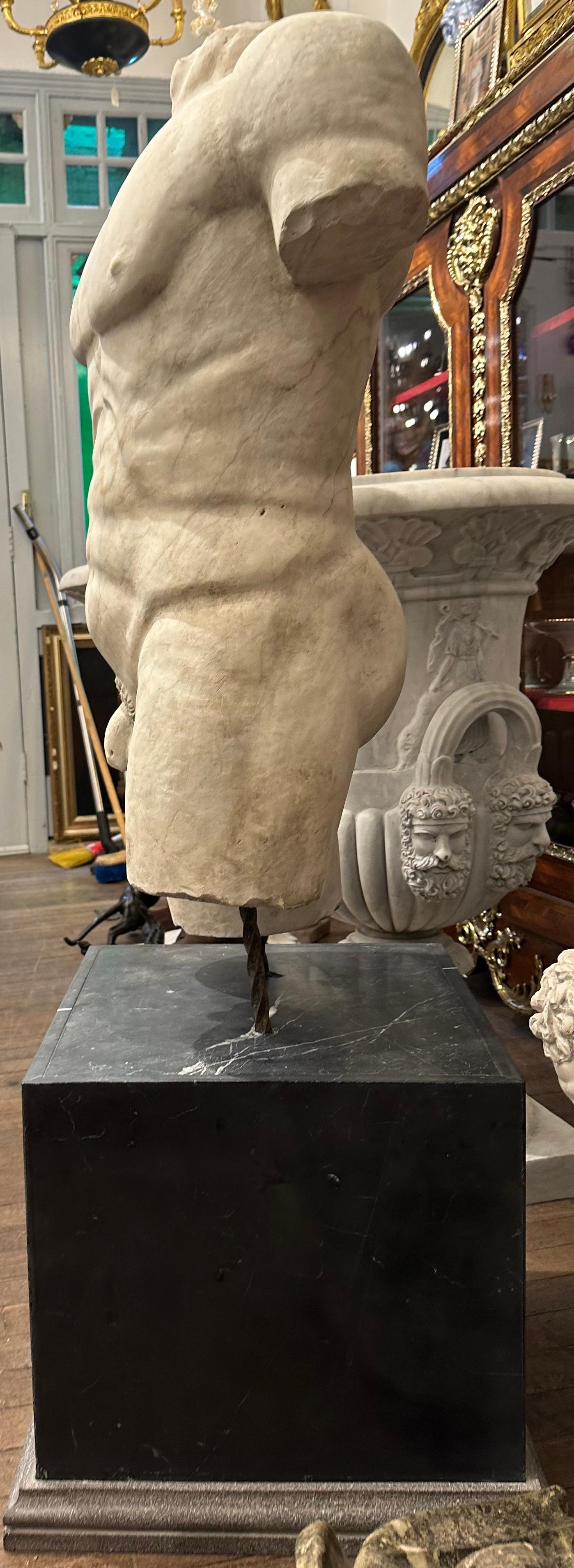 Classical Roman Roman Style Marble Torso On A Black Marble Base For Sale