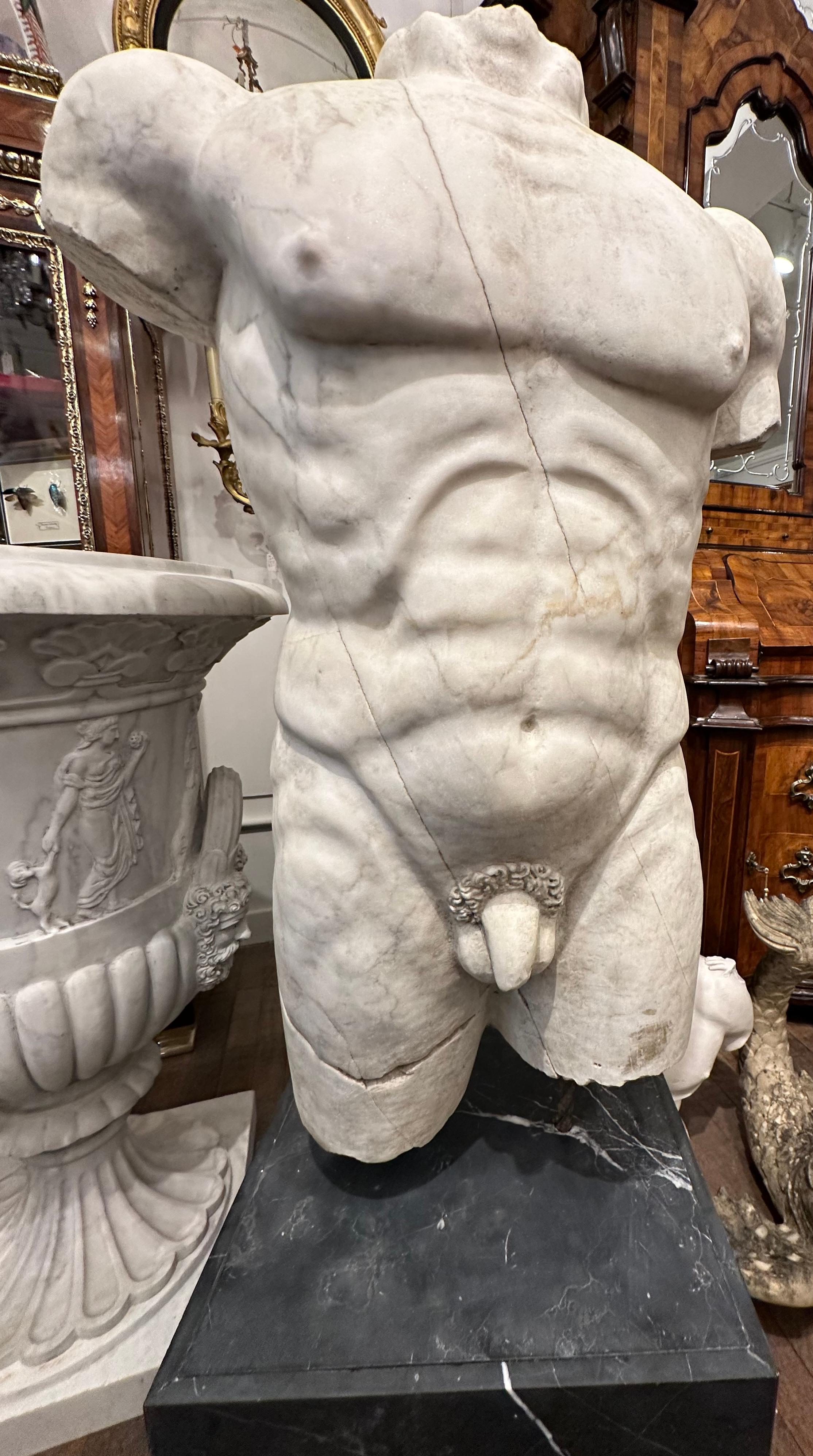 19th Century Roman Style Marble Torso On A Black Marble Base For Sale