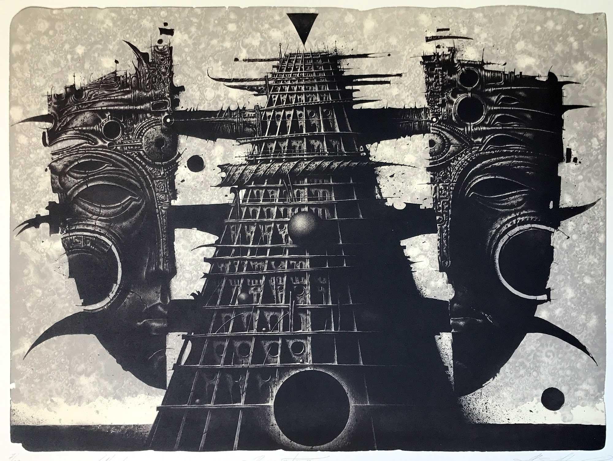 Signed, titled and numbered in pencil, from the edition of 30. This is one of a group of prints he completed during a residency in China, with a surreal or science fiction flavor

Using traditional stone lithography, Sustov creates prints that mix