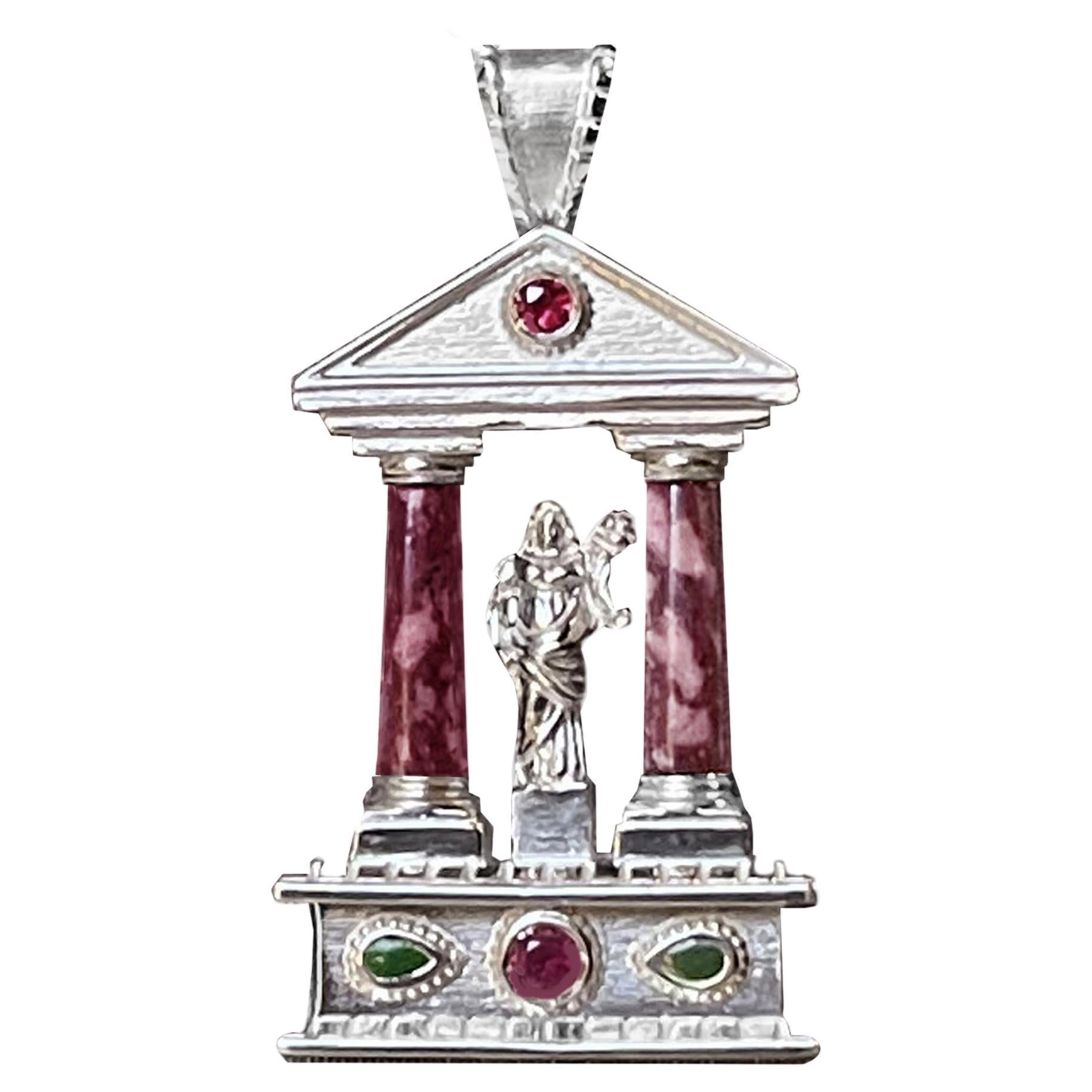 Roman Temple with Imperial Marbles (Porphyry and Serpentine) and Rubies Pendant For Sale