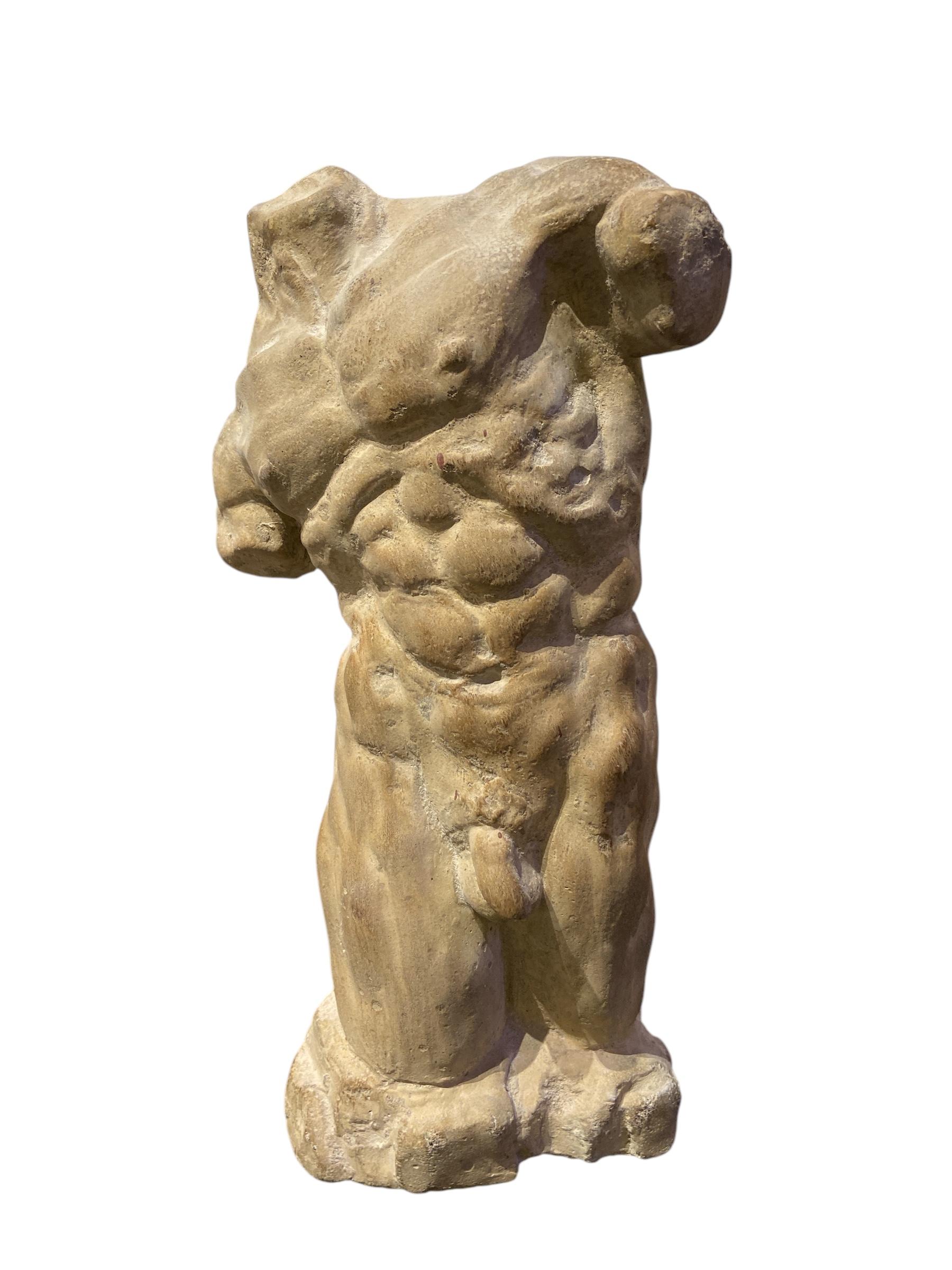 Muscular torso in stoneware, after the classical greek and Roman sculptures.
with a good patina. Signed but not readable (see last picture).
Probably circa 1930.