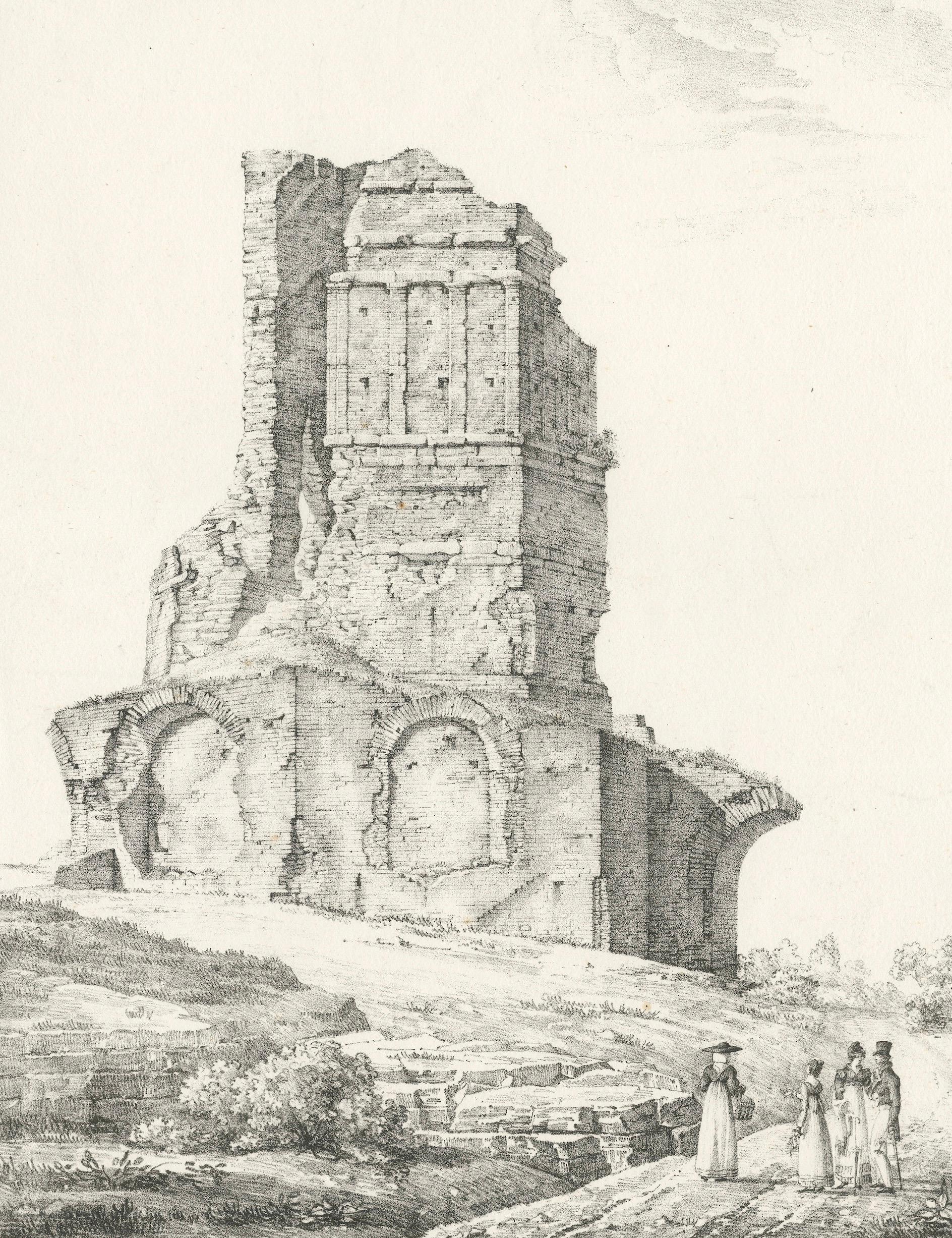 Roman Tower Ruins at Nîmes, Tour Magne Landscape Lithograph, France c.1818