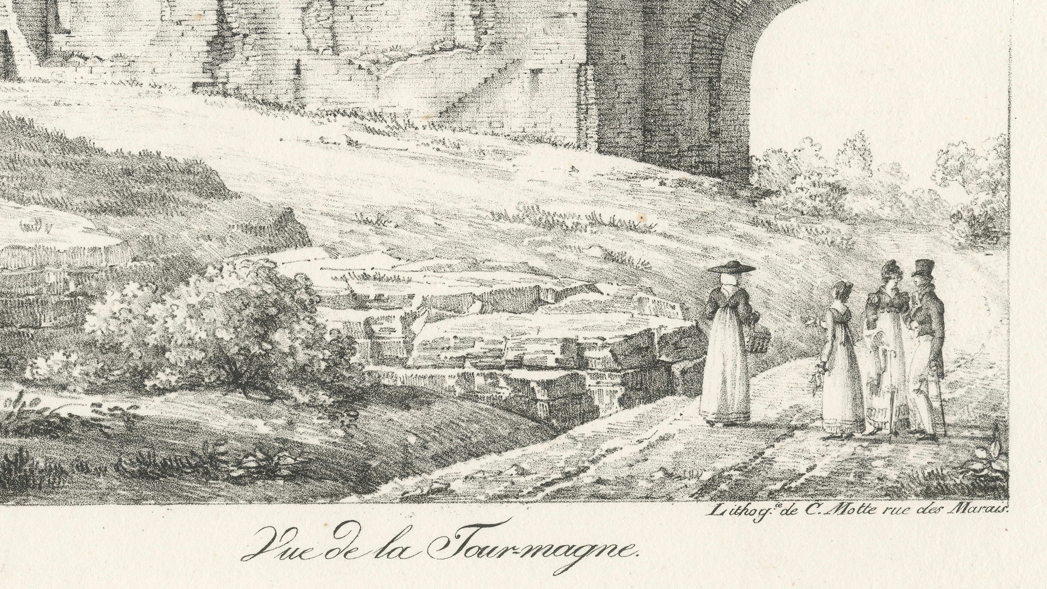 Roman Tower Ruins at Nîmes, Tour Magne Landscape Lithograph, France c.1818