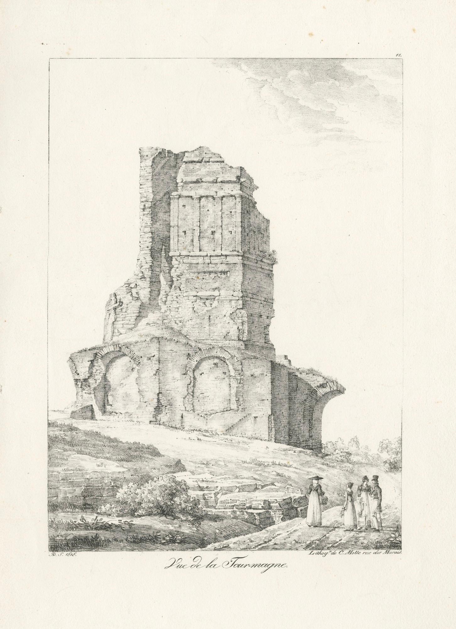 Roman Tower Ruins at Nîmes, Tour Magne Landscape Lithograph, France c.1818