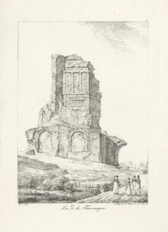 Roman Tower Ruins at Nîmes, Tour Magne Landscape Lithograph, France c.1818