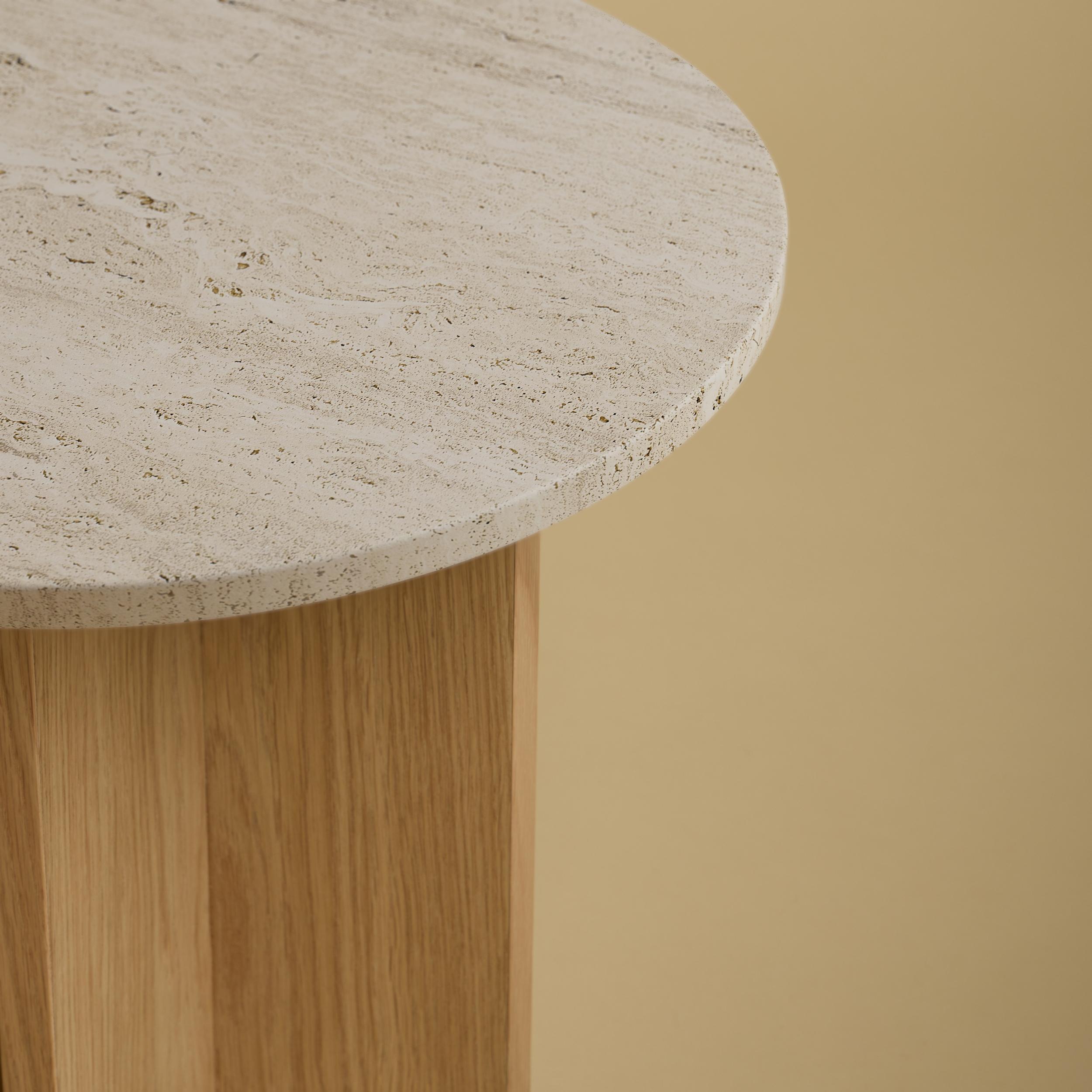 Post-Modern Roman Light Beige Travertine and Natural Oak Side Table by Lebanto For Sale