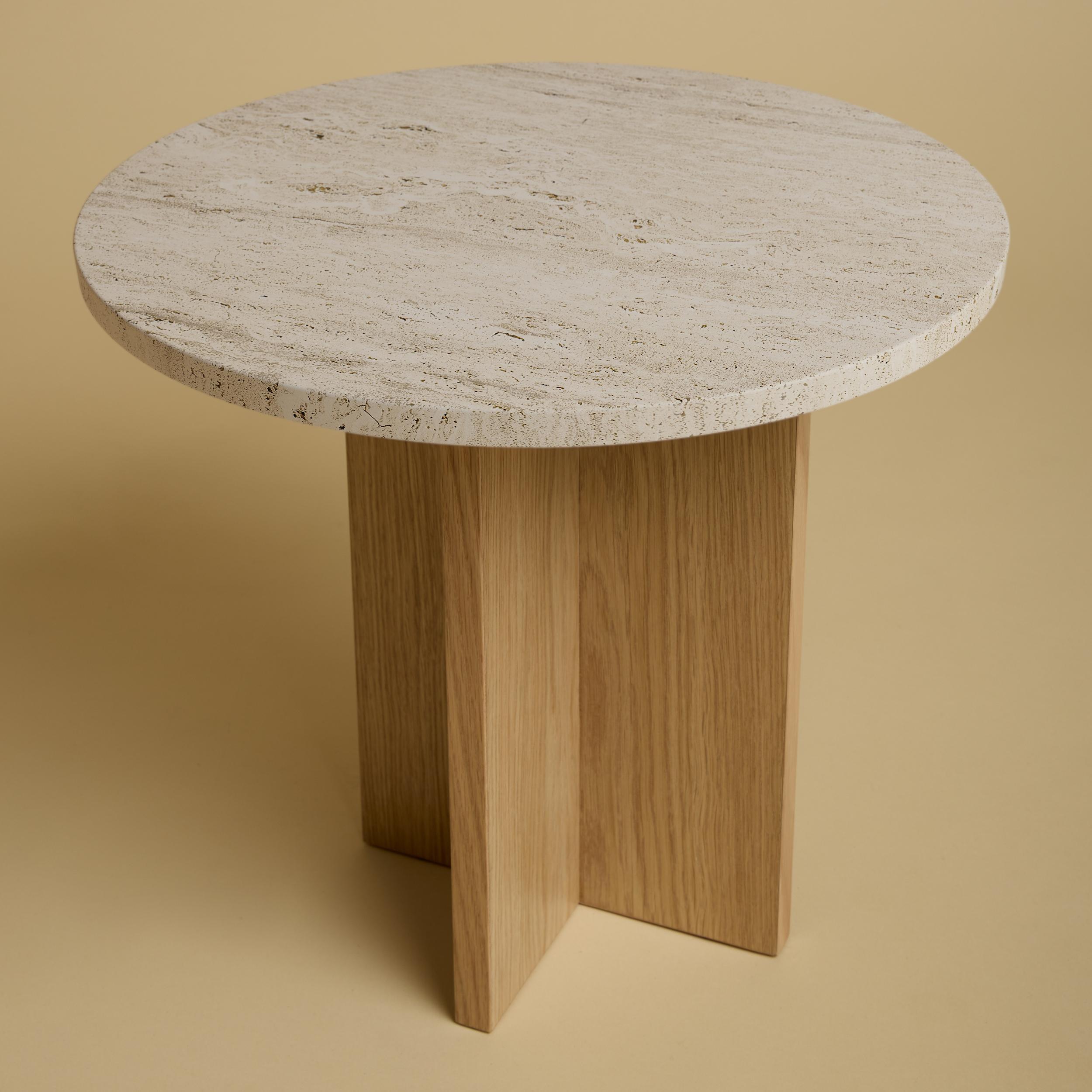 Italian Roman Light Beige Travertine and Natural Oak Side Table by Lebanto For Sale
