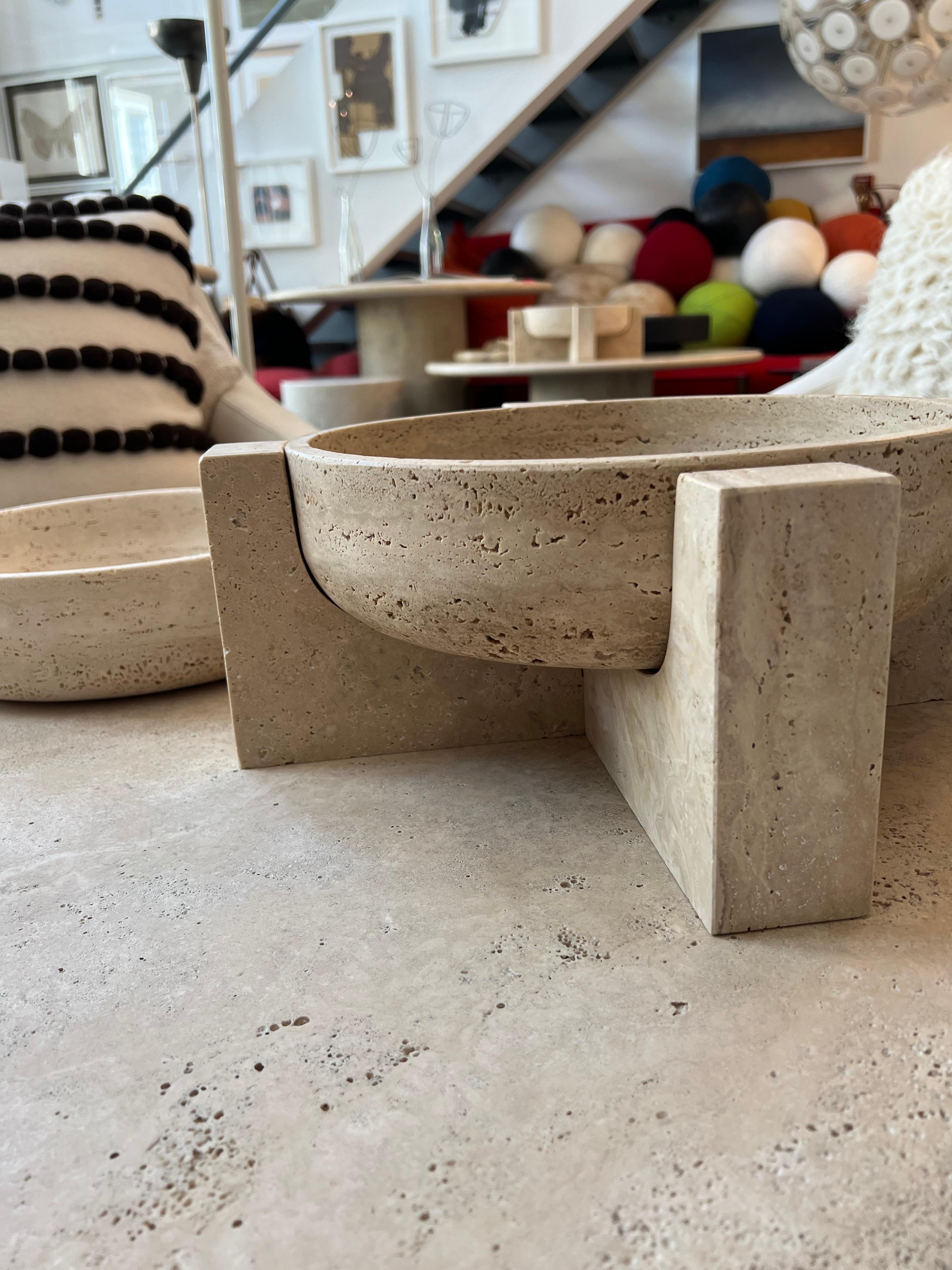 Hand-Carved Roman Travertine Bowl on Stand by Le Lampade
