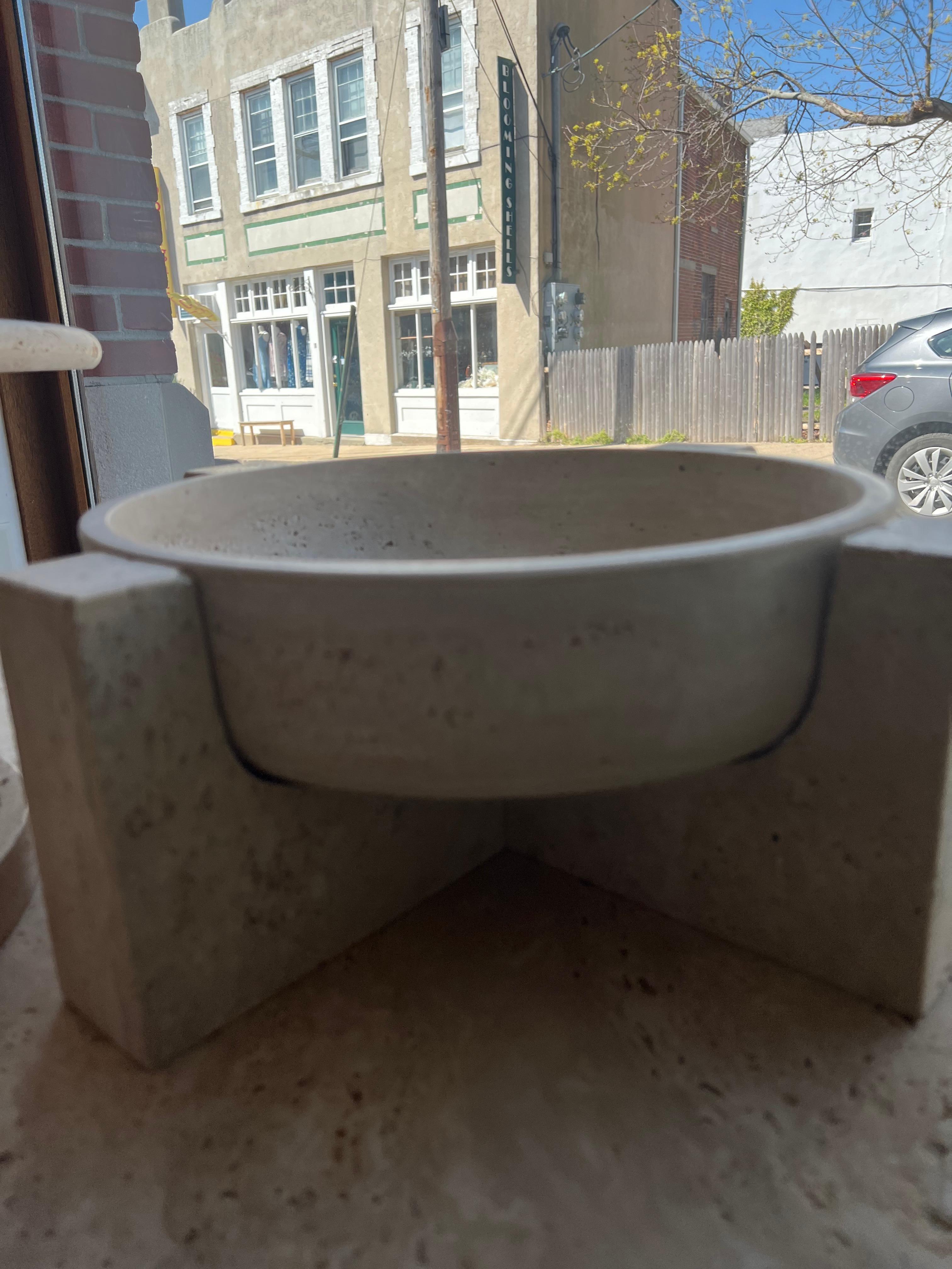 Hand-Carved Roman Travertine Bowl on Stand by Le Lampade
