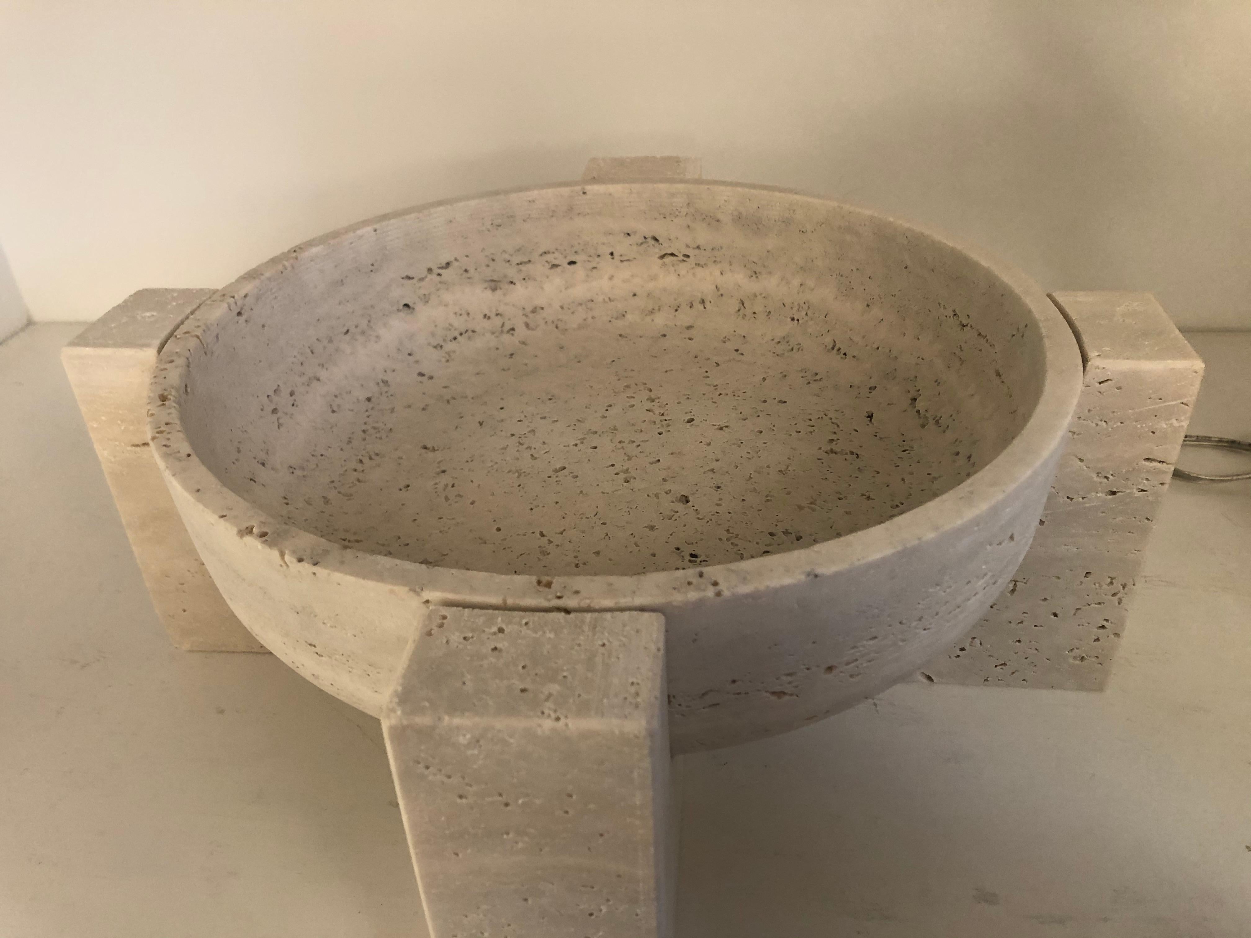 Hand-Carved Roman Travertine Bowl on Stand