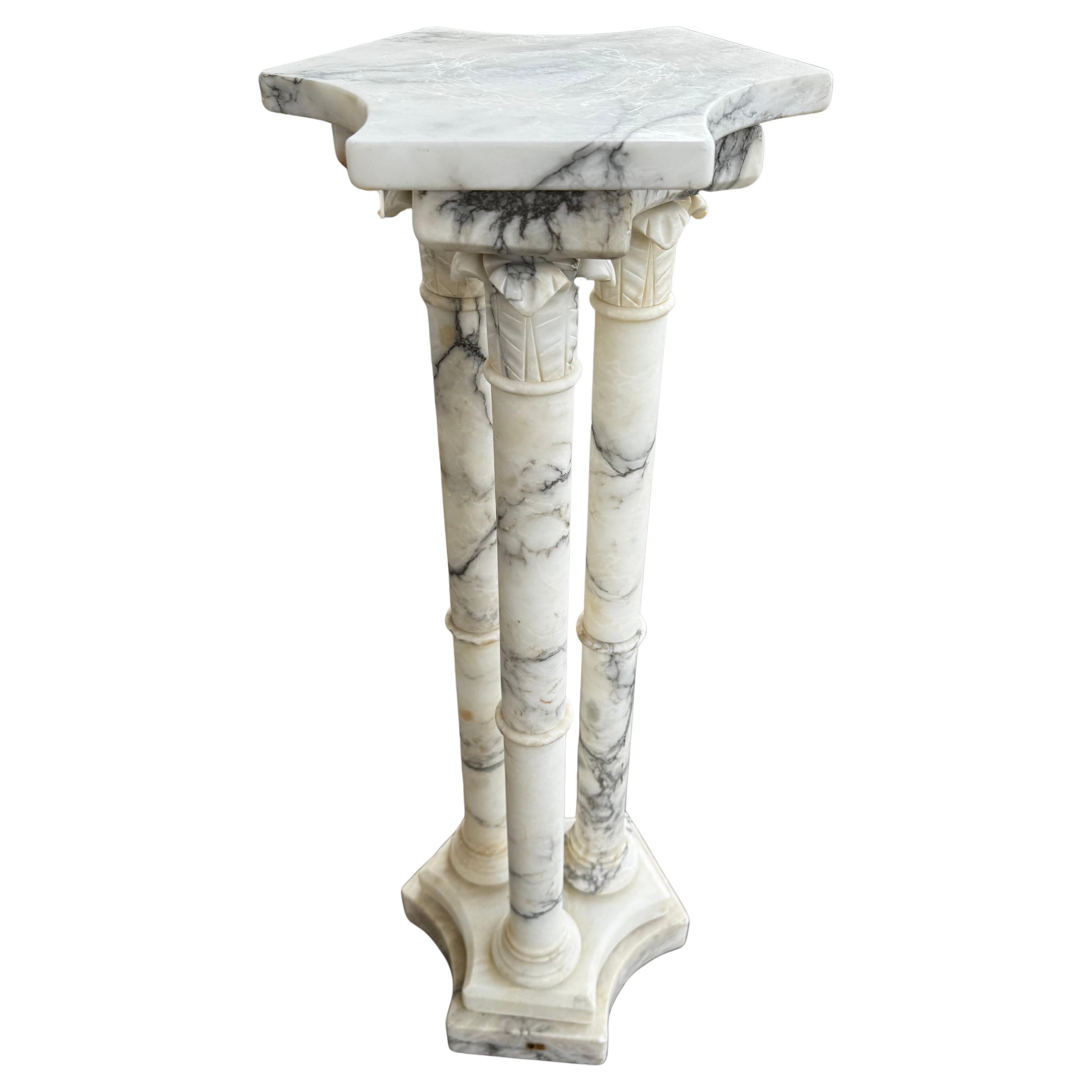Roman Tri-Column Carrera Marble Pedestal Table