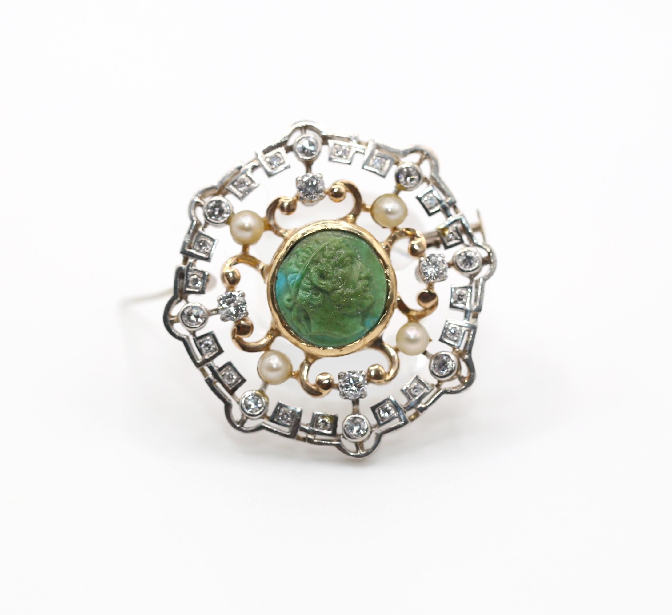 Roman Turquoise Cameo Diamond Pearl Platinum-Gold Brooch, 1900 For Sale ...