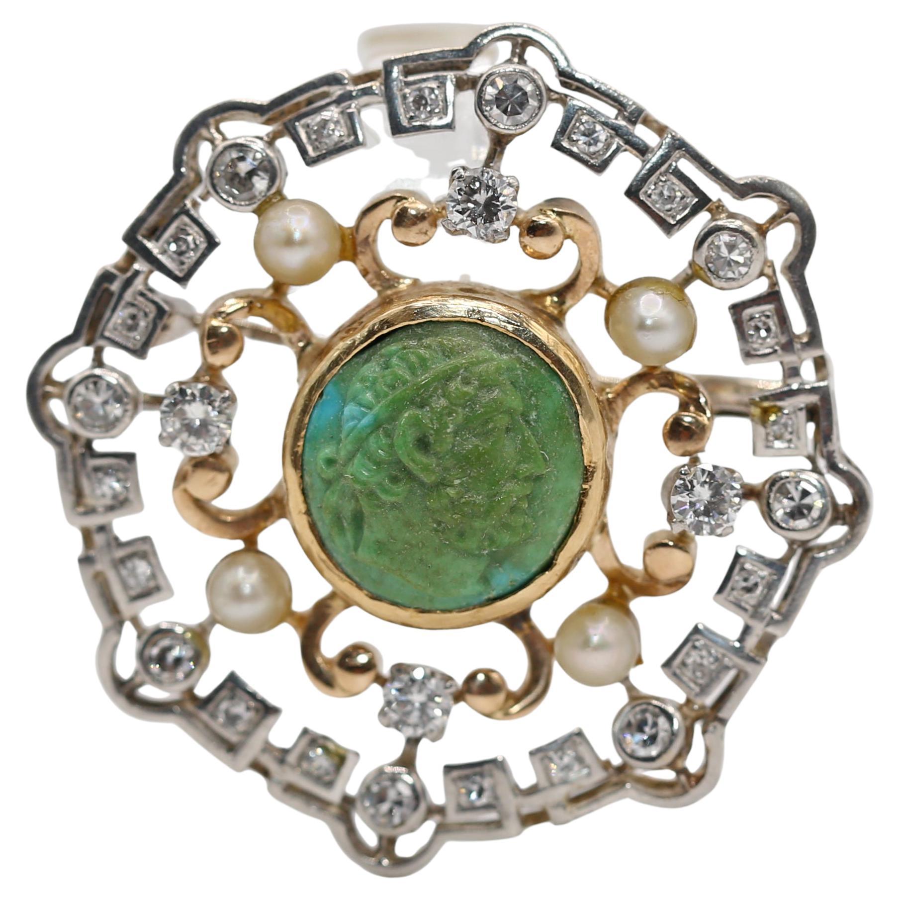 Römischer Türkis Kamee Diamant Perle Platin-Gold Brosche, 1900