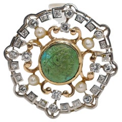 Roman Turquoise Cameo Diamond Pearl Platinum-Gold Brooch, 1900