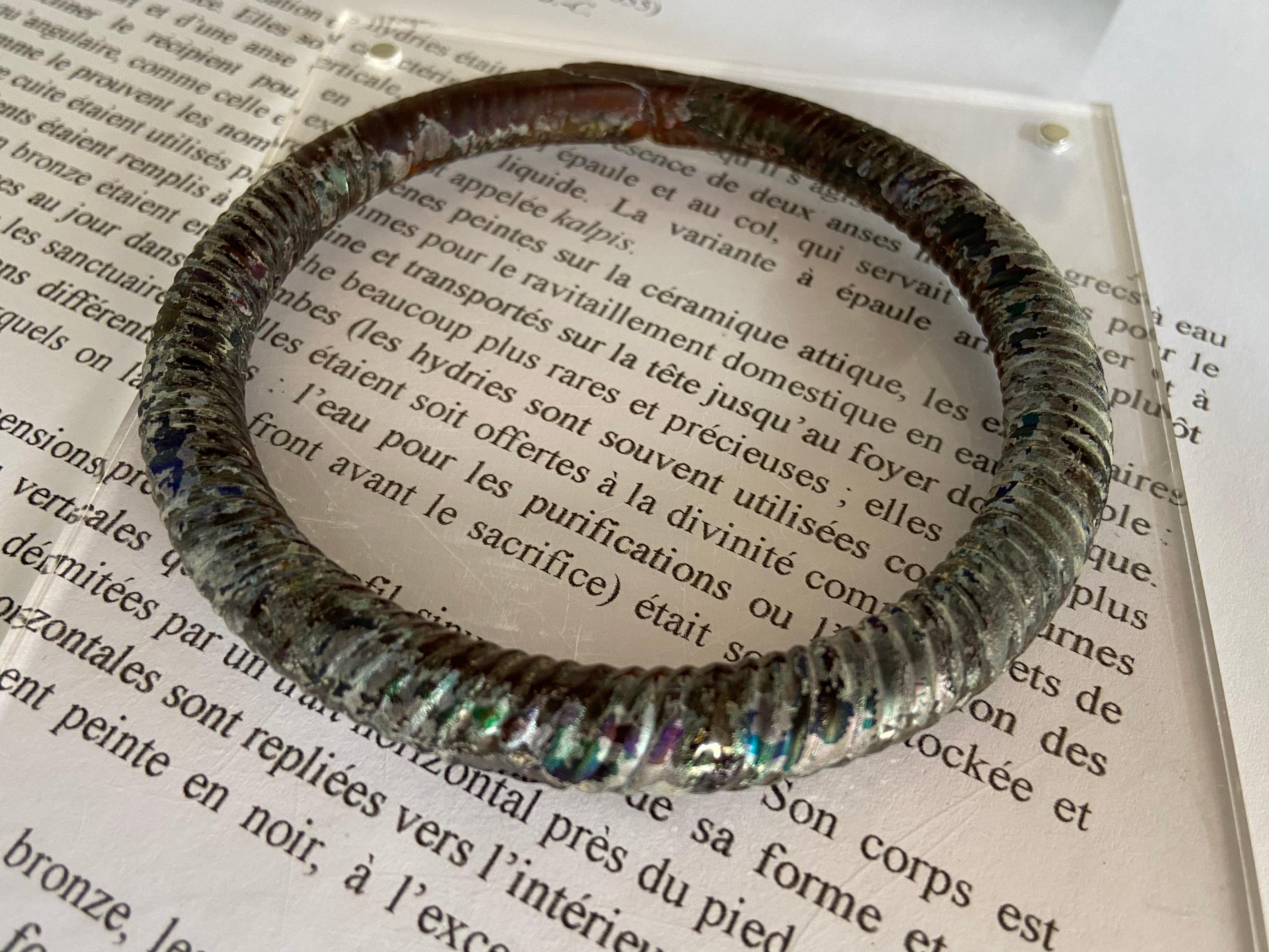 Hand-Crafted Roman Twisted Iridescent Dark Amber Glass Bracelet 1st-3rd Century AD