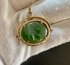 Roman Warrior Goddess Jade Intaglio Pendant Fob Necklace 14K Gold Victorian