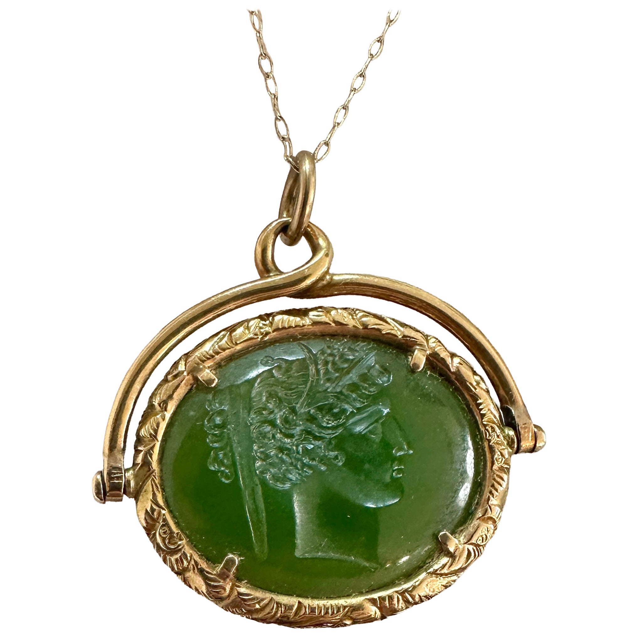 Guerrero romano Diosa Jade Intaglio Colgante Fob Collar 14K Oro Victoriano