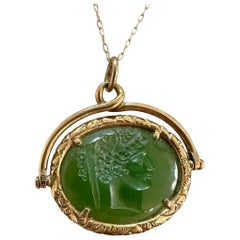 Roman Warrior Goddess Jade Intaglio Pendant Fob Necklace 14K Gold Victorian