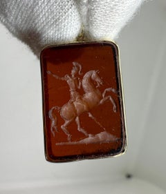 Roman Warrior on Horse Carnelian Intaglio Pendant Necklace 14K Gold Victorian