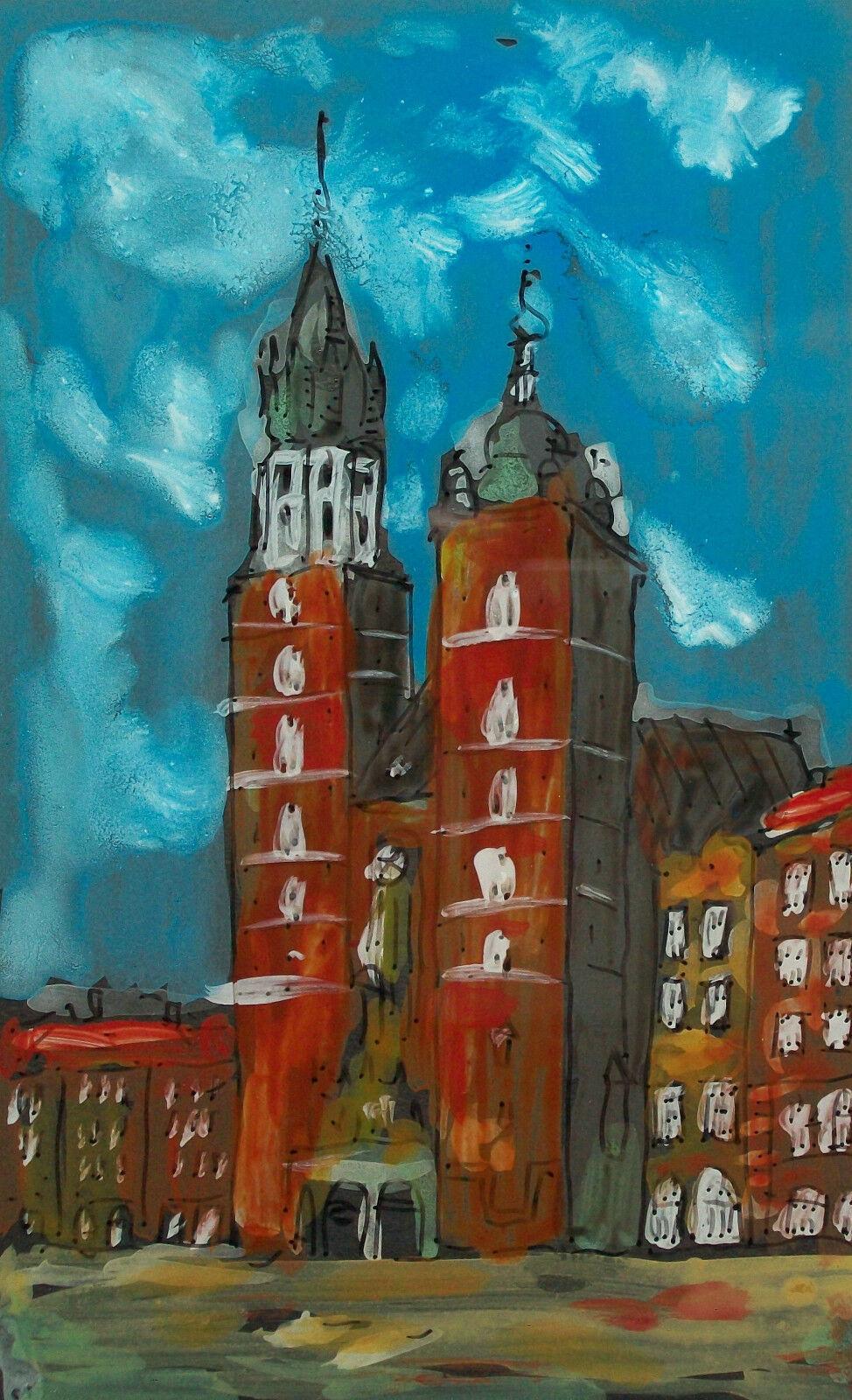 ROMAN WIELOCH - 'Kraków' - Zeitgenössische Hinterglasmalerei - Ansicht der St. Mary's Church - wahrscheinlich für den touristischen Markt - rückseitig mit schwarzem Papier montiert - an den Außenkanten mit Klebeband versiegelt - Schutzumschlag auf