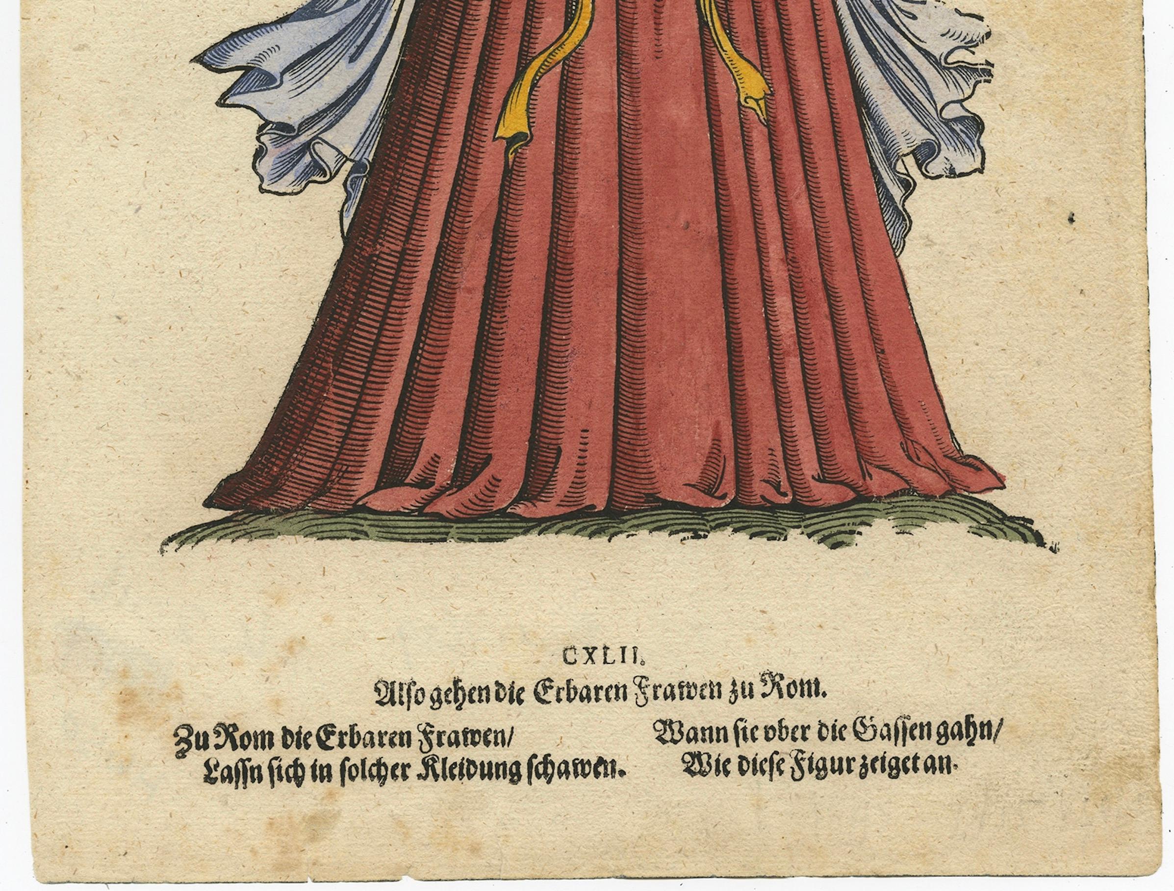 Roman Woman – Antique Hand-Coloured Woodcut by Jost Amman, Plate CXLII, 1577

This rare early hand-coloured woodcut depicts a Roman woman in stately attire, titled in Latin Romana Foemina Honesta (“Honourable Roman Woman”). She is shown in a long