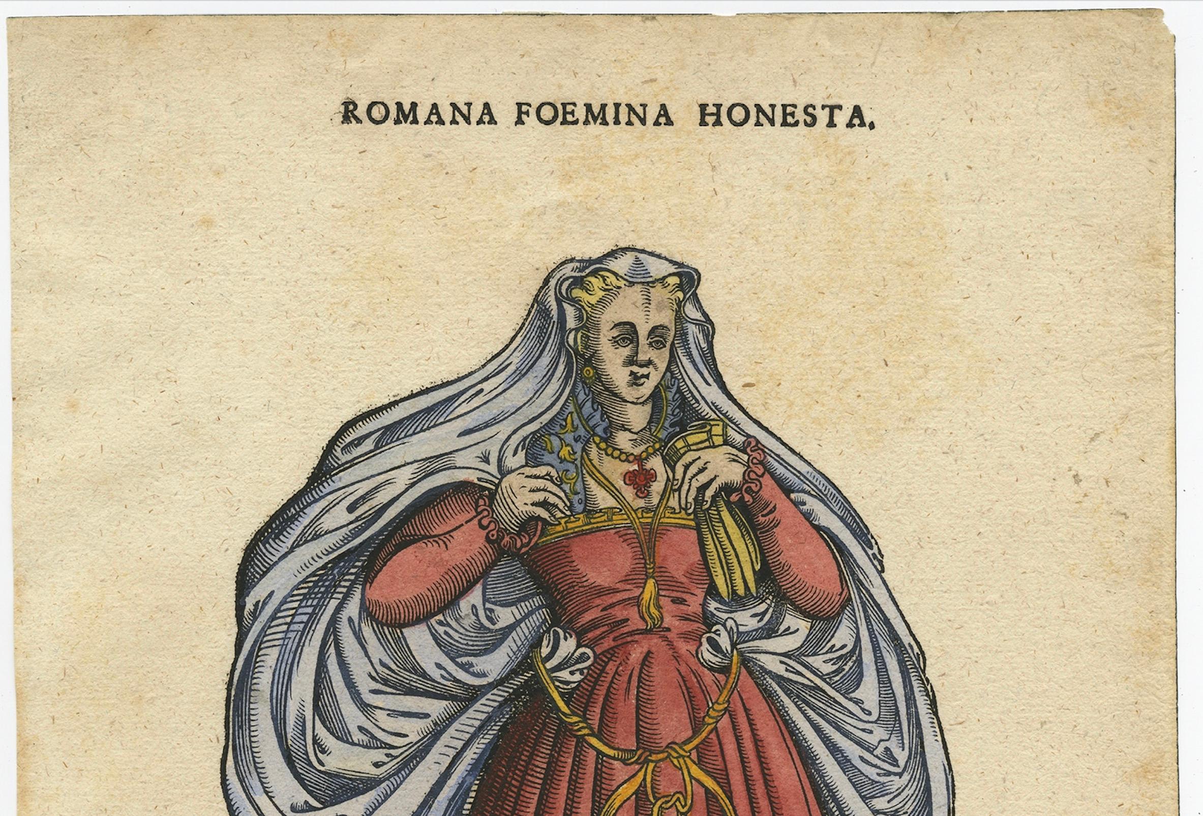 German Roman Woman – Antique Hand-Coloured Woodcut by Jost Amman, 1577 For Sale