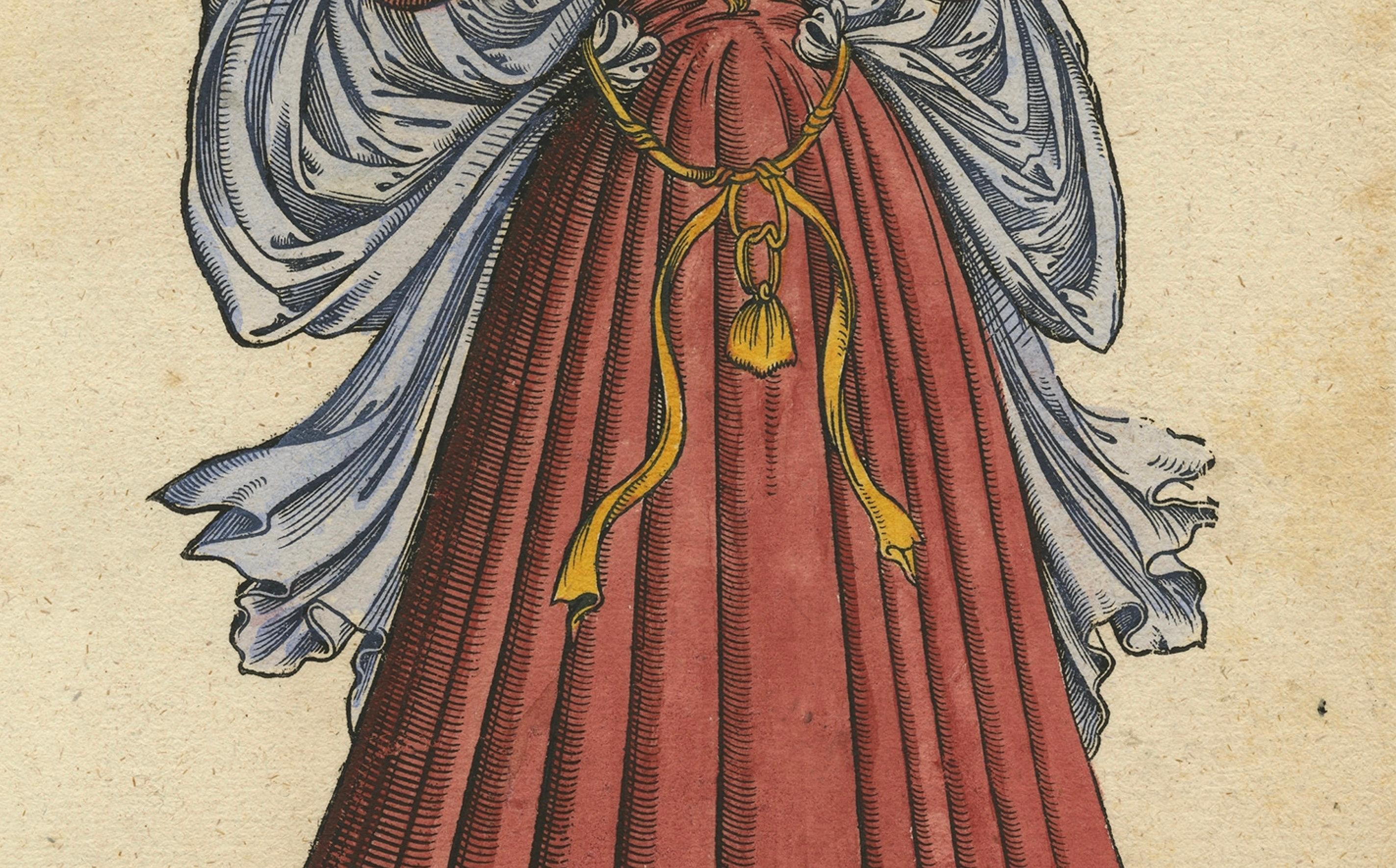 Roman Woman – Antique Hand-Coloured Woodcut by Jost Amman, 1577 In Good Condition For Sale In Langweer, NL