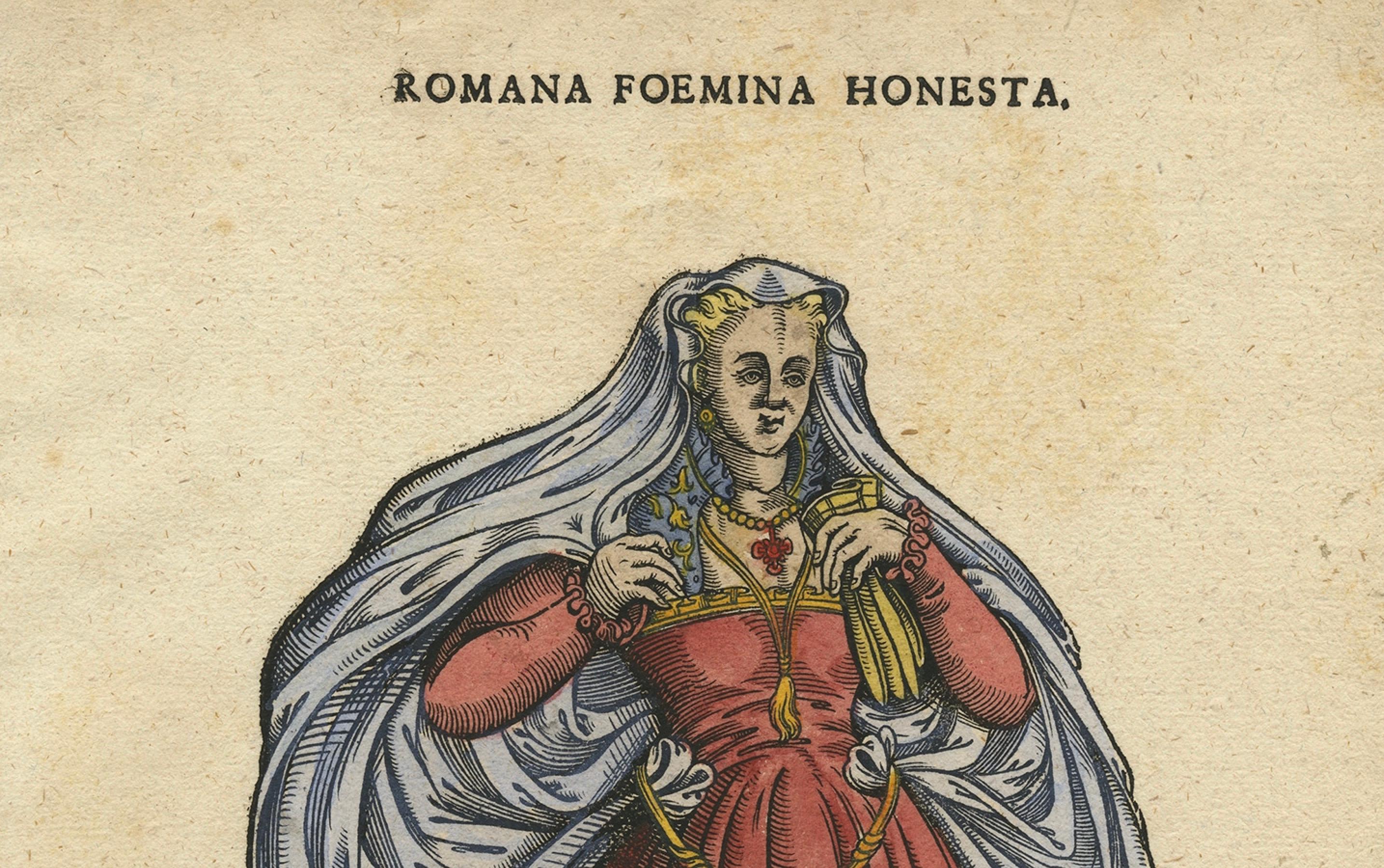 18th Century and Earlier Roman Woman – Antique Hand-Coloured Woodcut by Jost Amman, 1577 For Sale