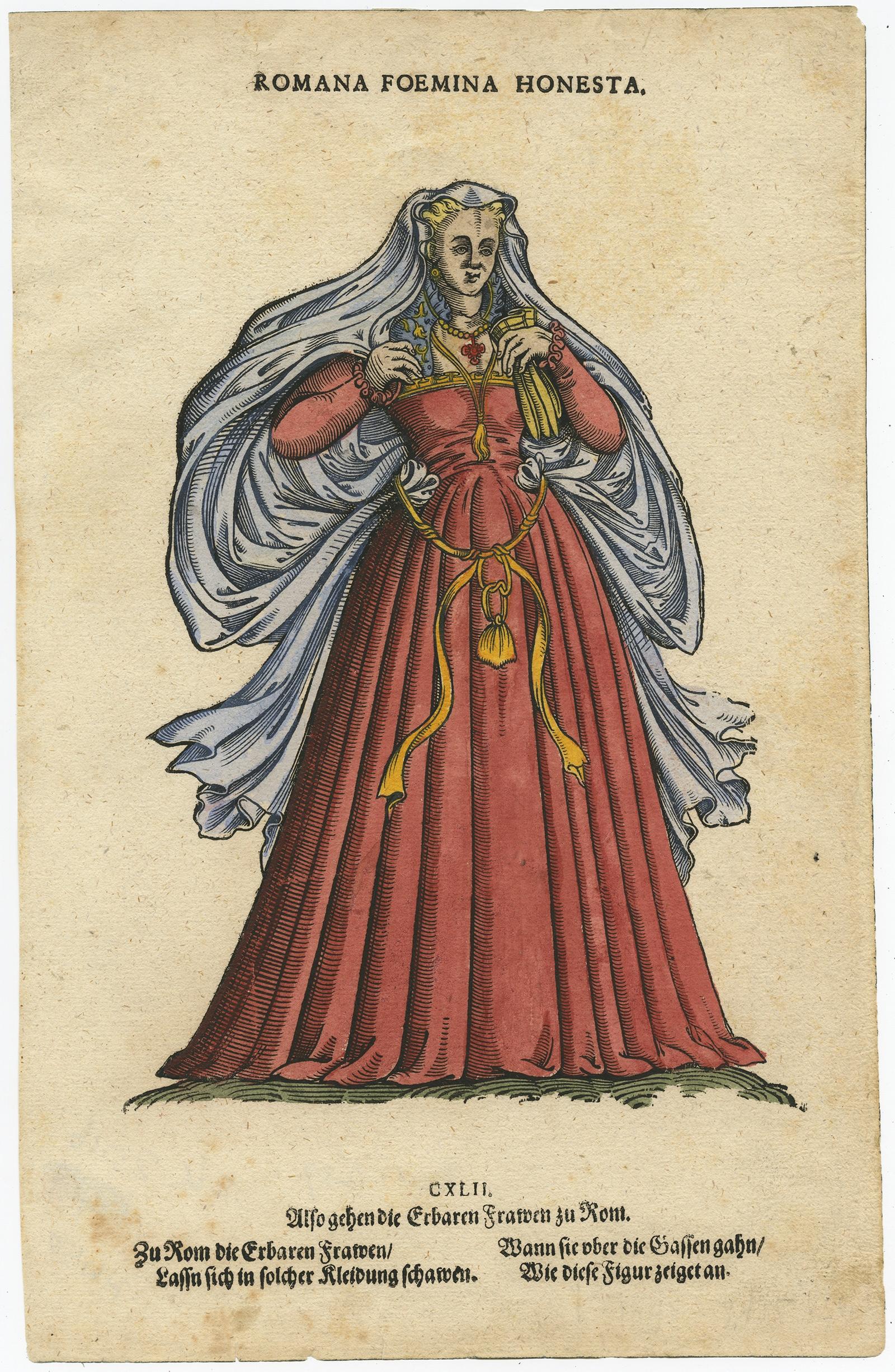 Paper Roman Woman – Antique Hand-Coloured Woodcut by Jost Amman, 1577 For Sale