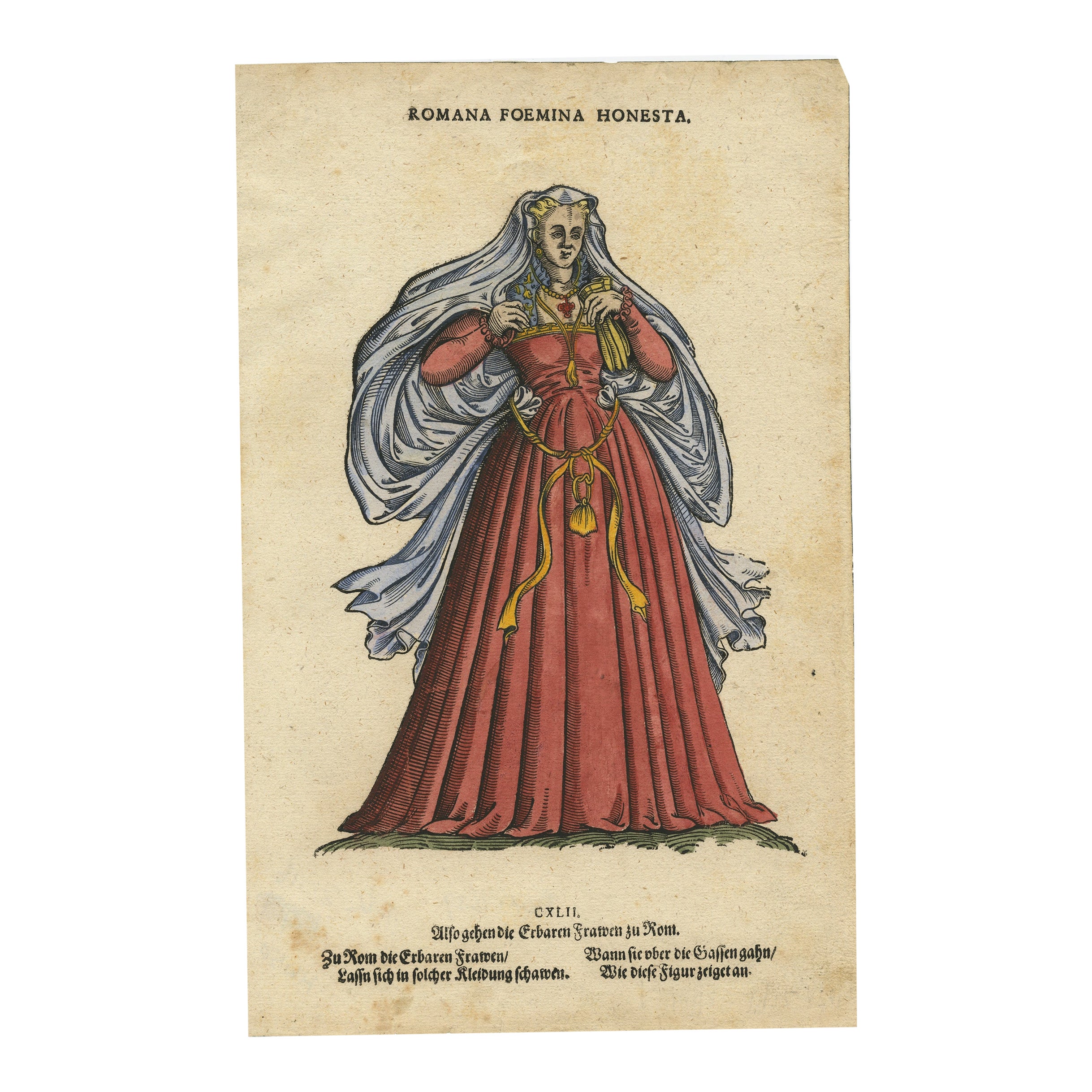 Römische Frau - Antiker handkolorierter Holzschnitt von Jost Amman, 1577