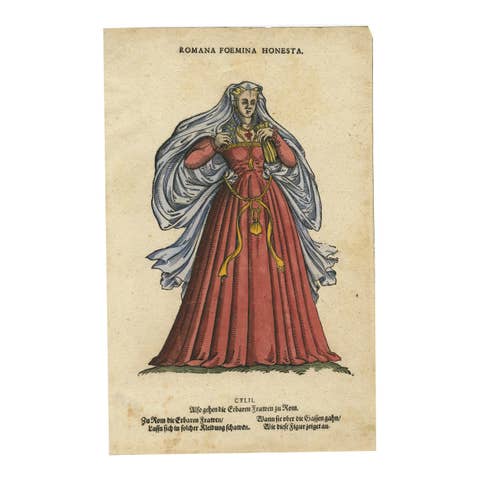 Roman Woman – Antique Hand-Coloured Woodcut by Jost Amman, 1577