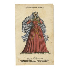 Femme romaine - Gravure sur bois ancienne coloriée à la main par Jost Amman, 1577