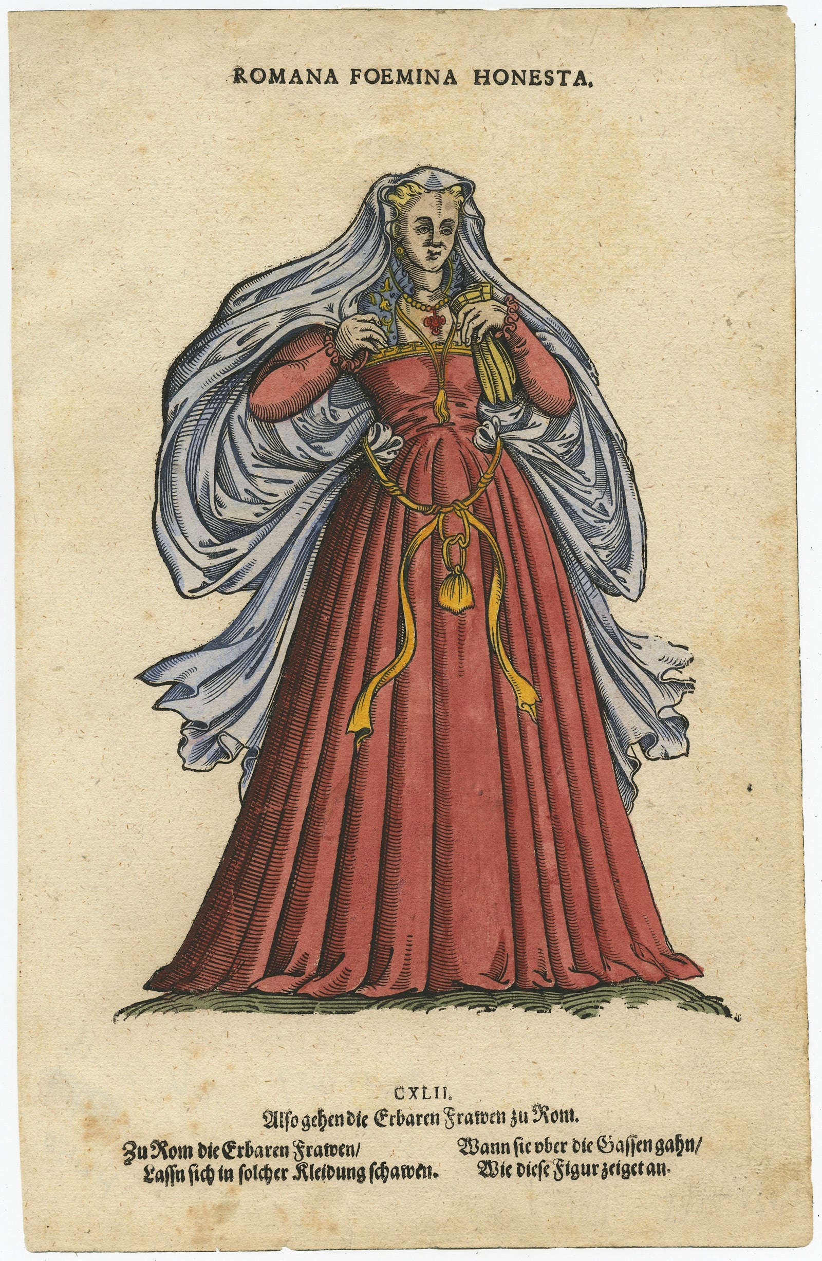Roman Woman – Antique Hand-Coloured Woodcut by Jost Amman, 1577 For Sale