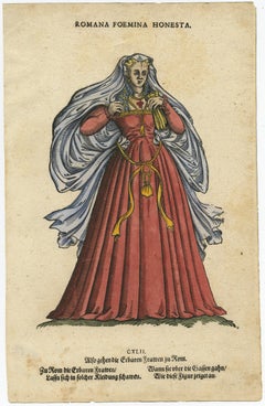 Roman Woman – Antique Hand-Coloured Woodcut by Jost Amman, 1577