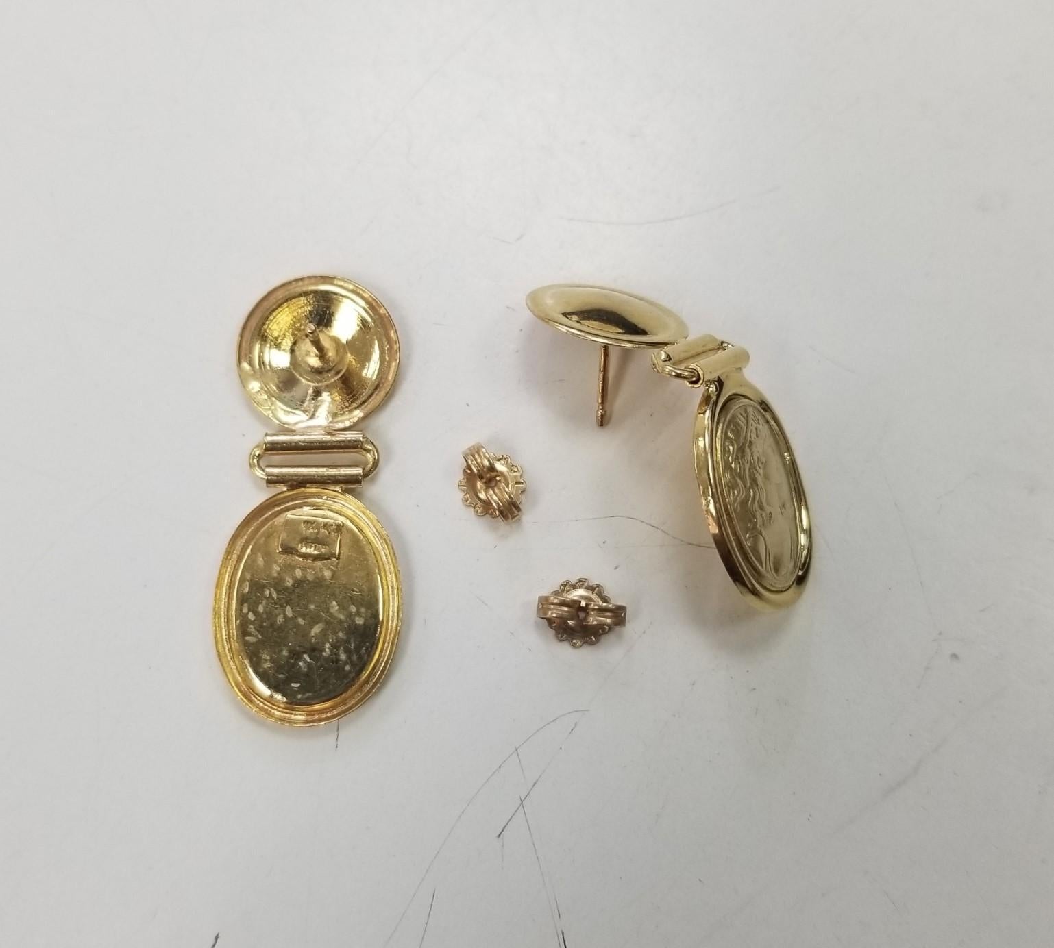 Contemporary Roman Woman Coin Look 14k Yellow Gold Earrings For Sale
