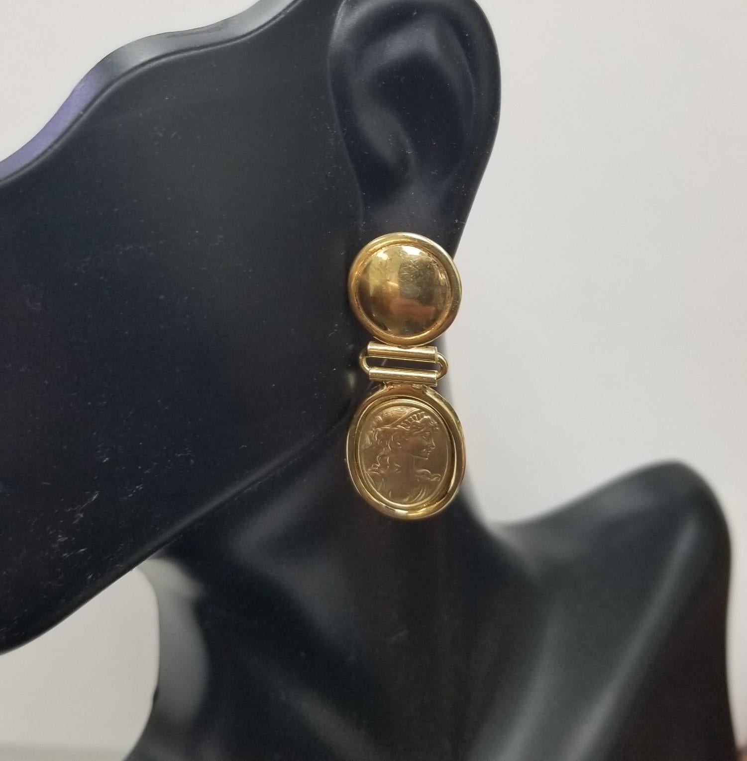 Women's or Men's Roman Woman Coin Look 14k Yellow Gold Earrings For Sale