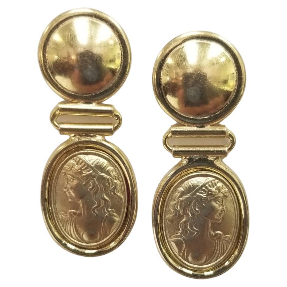 Roman Woman Coin Look 14k Yellow Gold Earrings For Sale