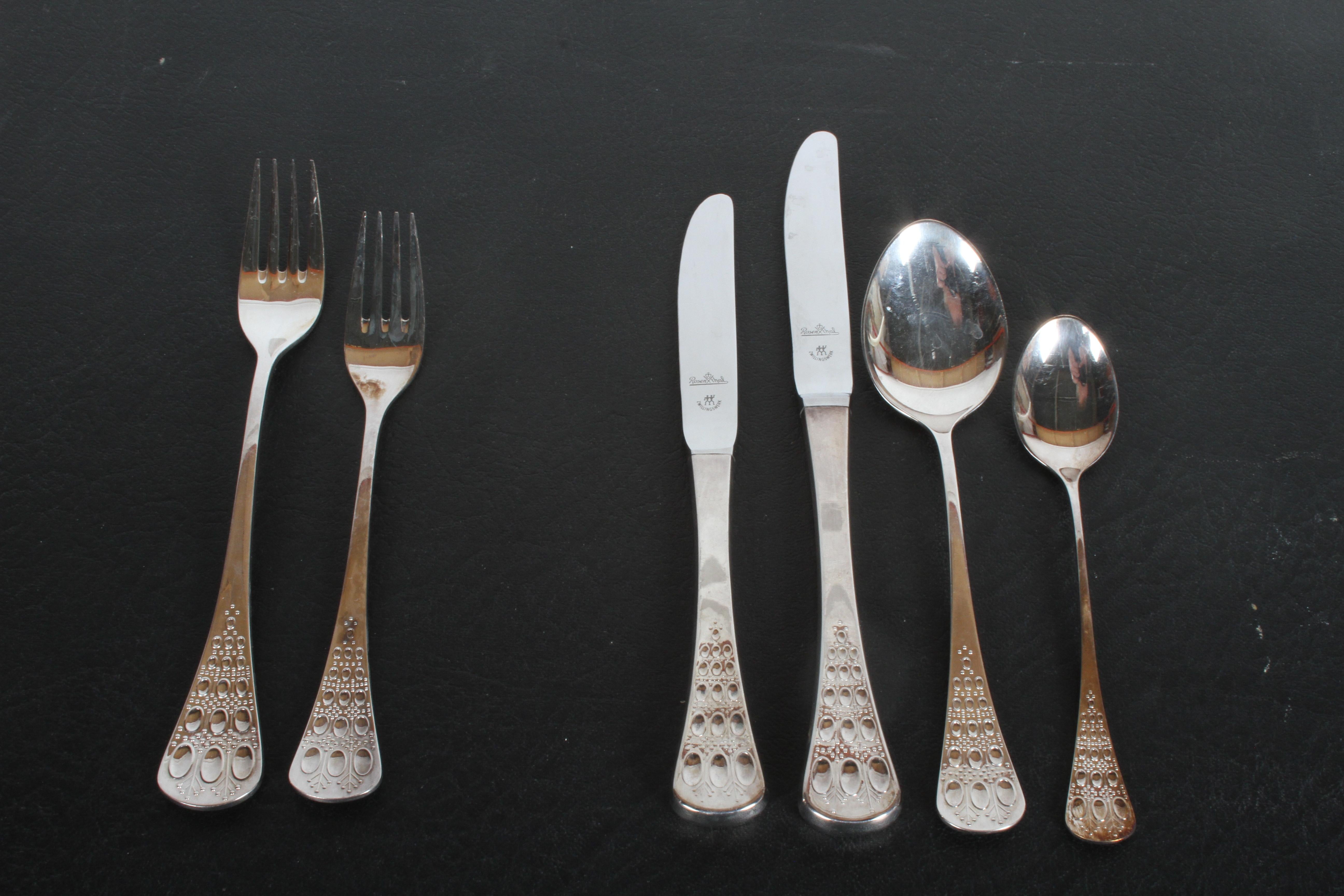 Romance by Bijorn Windblad for Rosenthal Studio-Linie Mid-Century Modern silver plate flatware for 12 with service pieces in original modernist Rosenthal Studio-Line case. The case has room to expand your set. Minor tarnish to some pieces. No longer