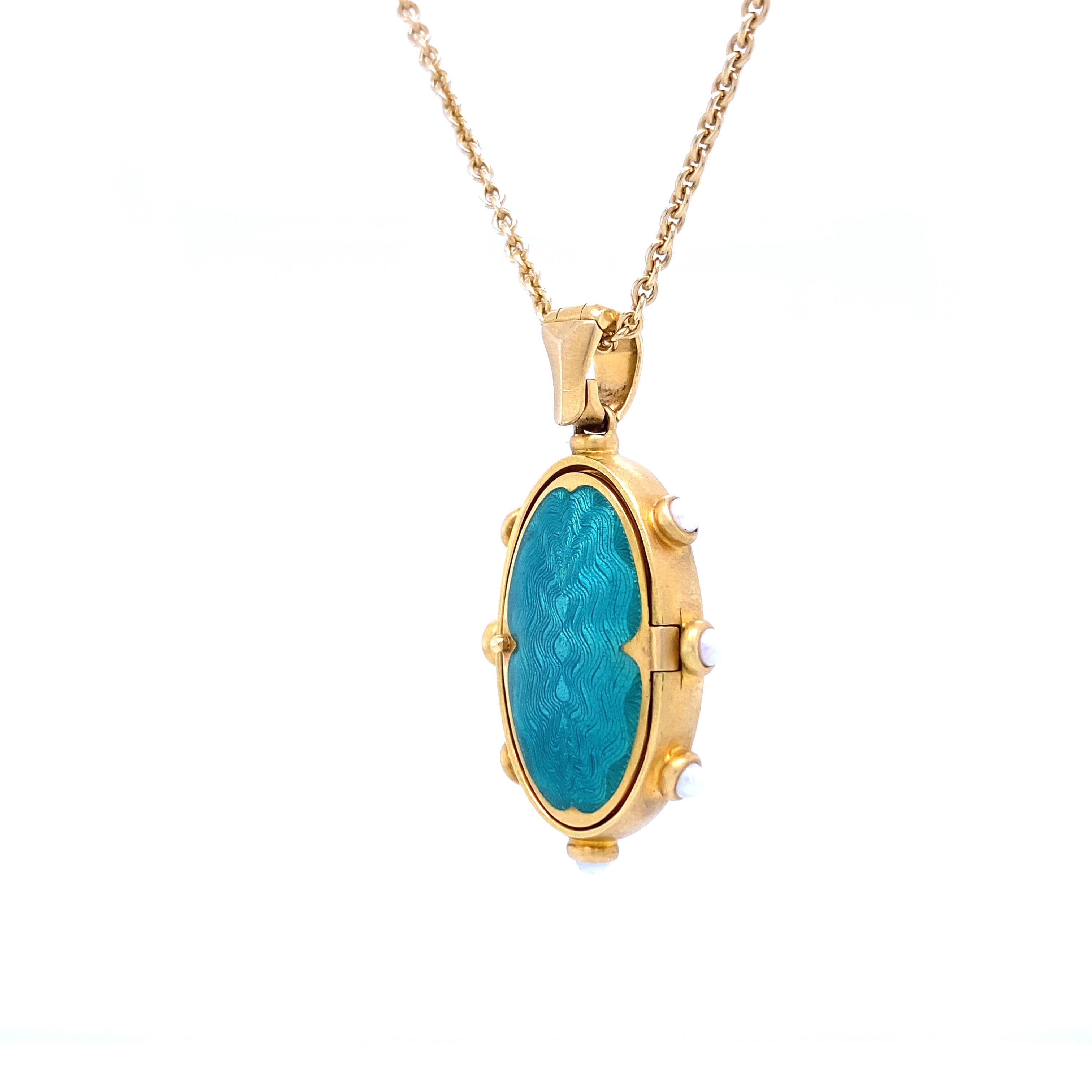 Women's Oval Locket Pendant 18k Yellow Gold Matt Turquoise Enamel Rubellite Akoya Pearls For Sale