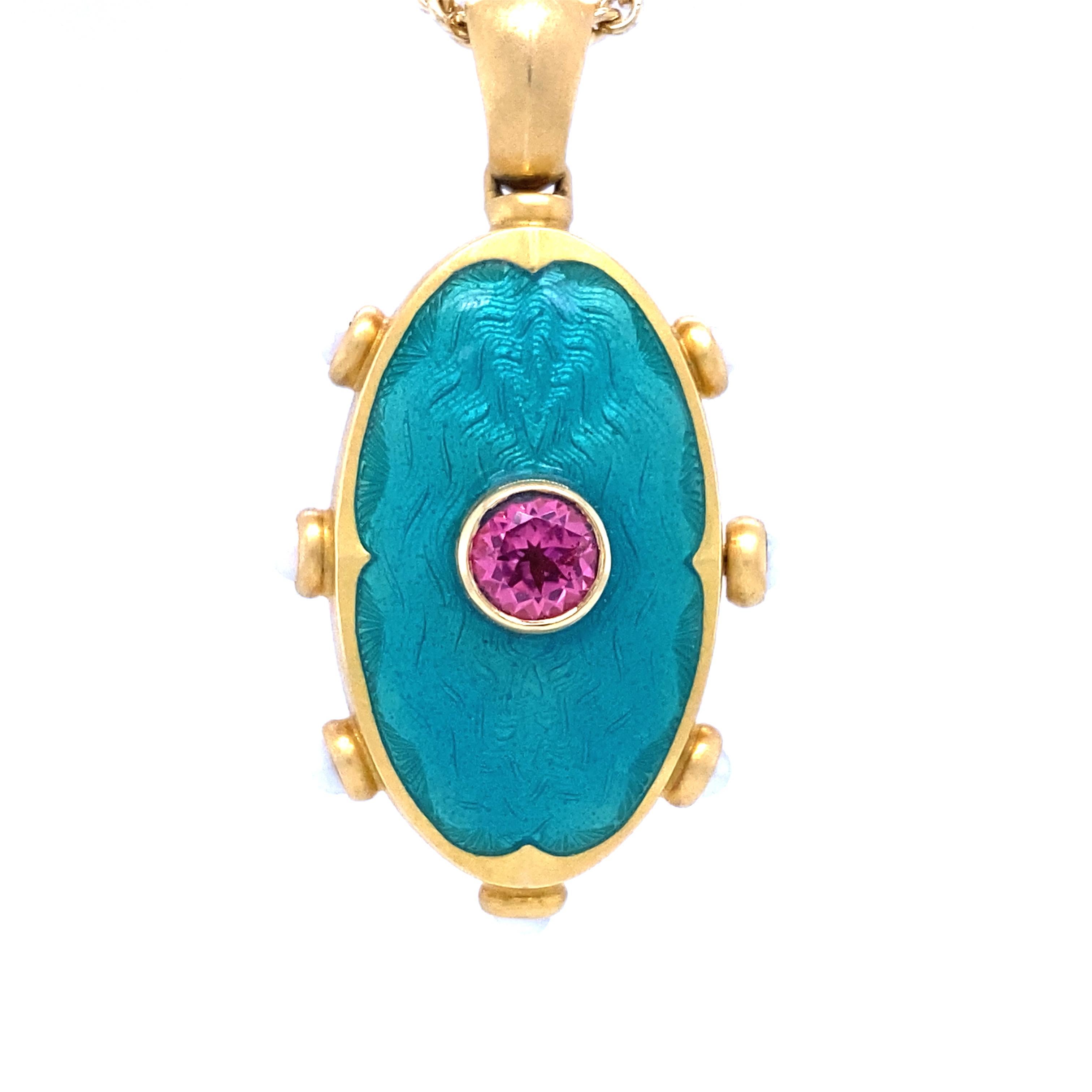Victor Mayer oval locket pendant 18k yellow gold, matt finish, Romance Collection, translucent turquoise vitreous enamel, guilloche, 1 rubellite (pink tourmaline), 7 akoya pearls, measurements app. 40.0 mm x 20.0 mm

About the creator Victor