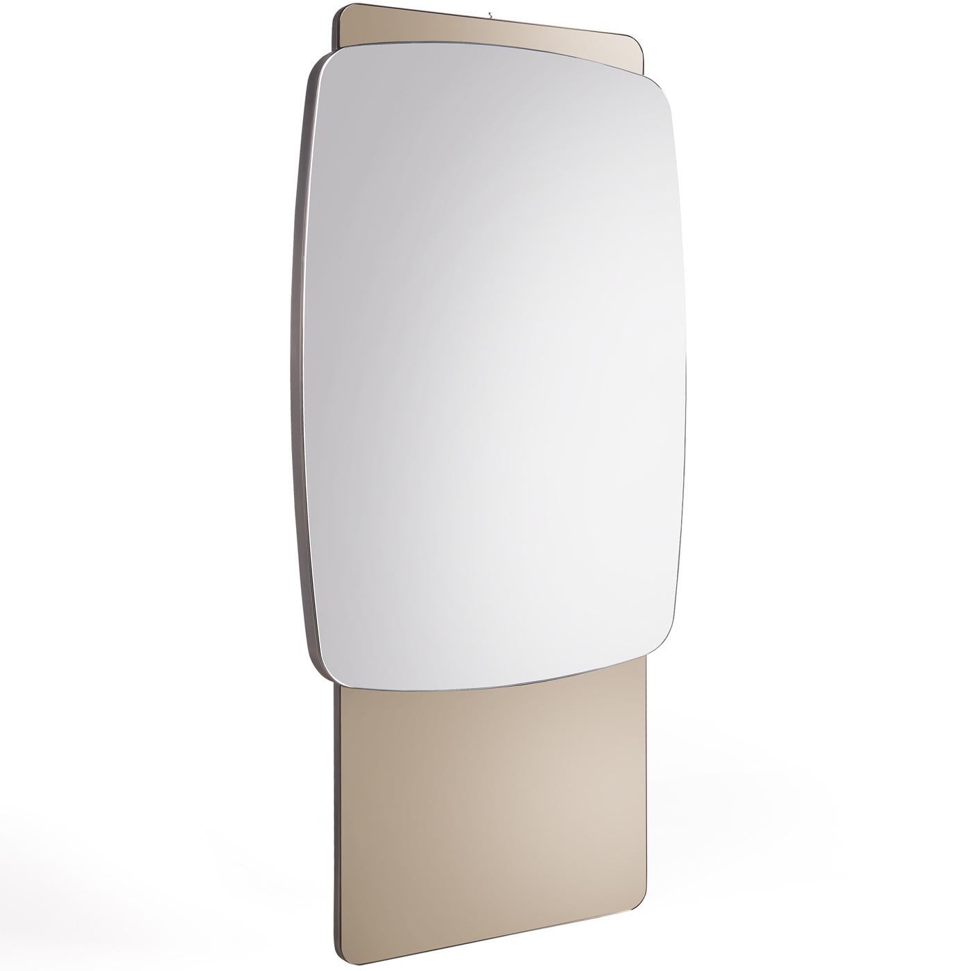 A romantic piece of sophisticated allure, this mirror features a rectangular shape with slightly curved sides and is mounted on a vertical background base fashioned of brass. This superb object of decor will be a statement piece in any bedroom.
  