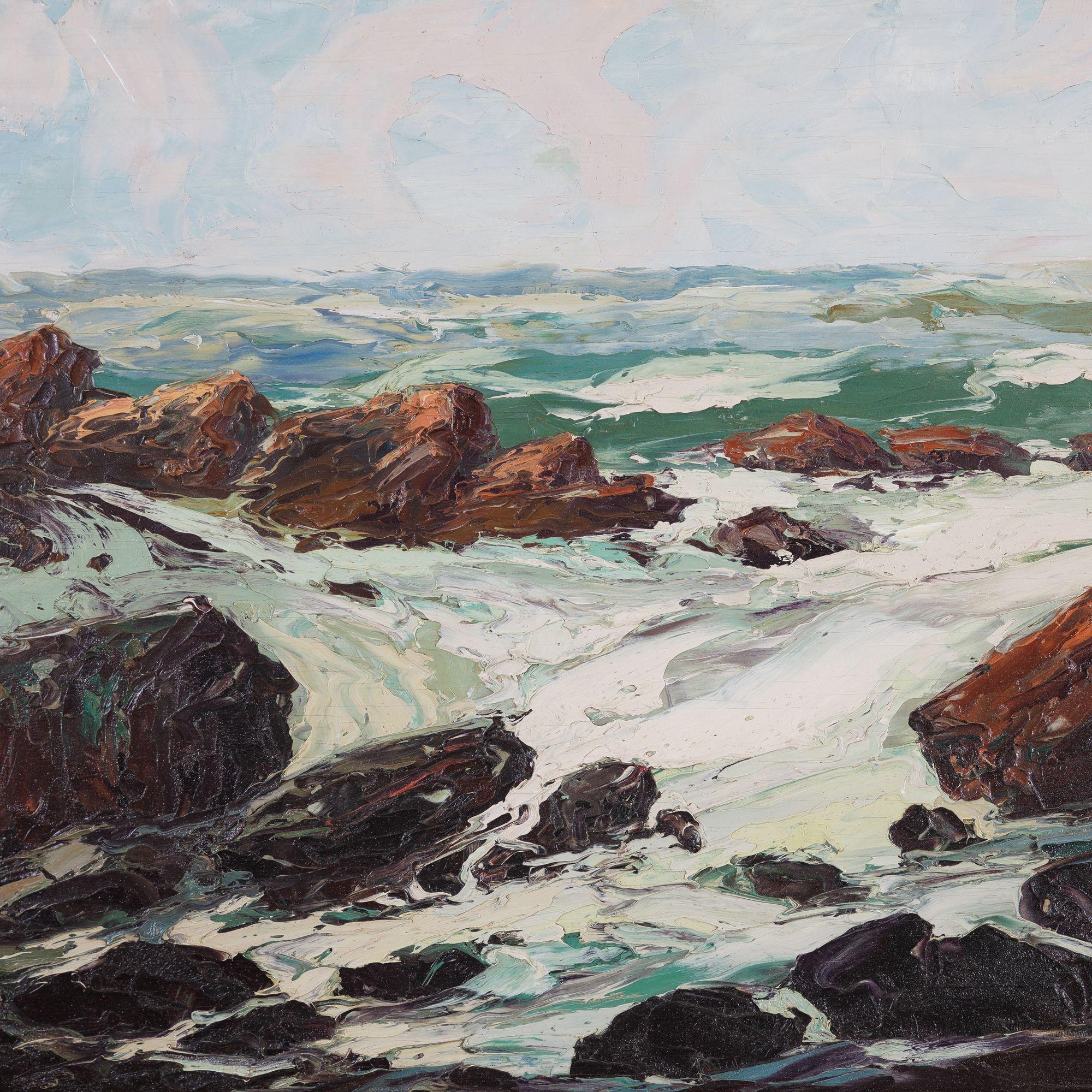Paisaje marino al óleo sobre tabla titulado 