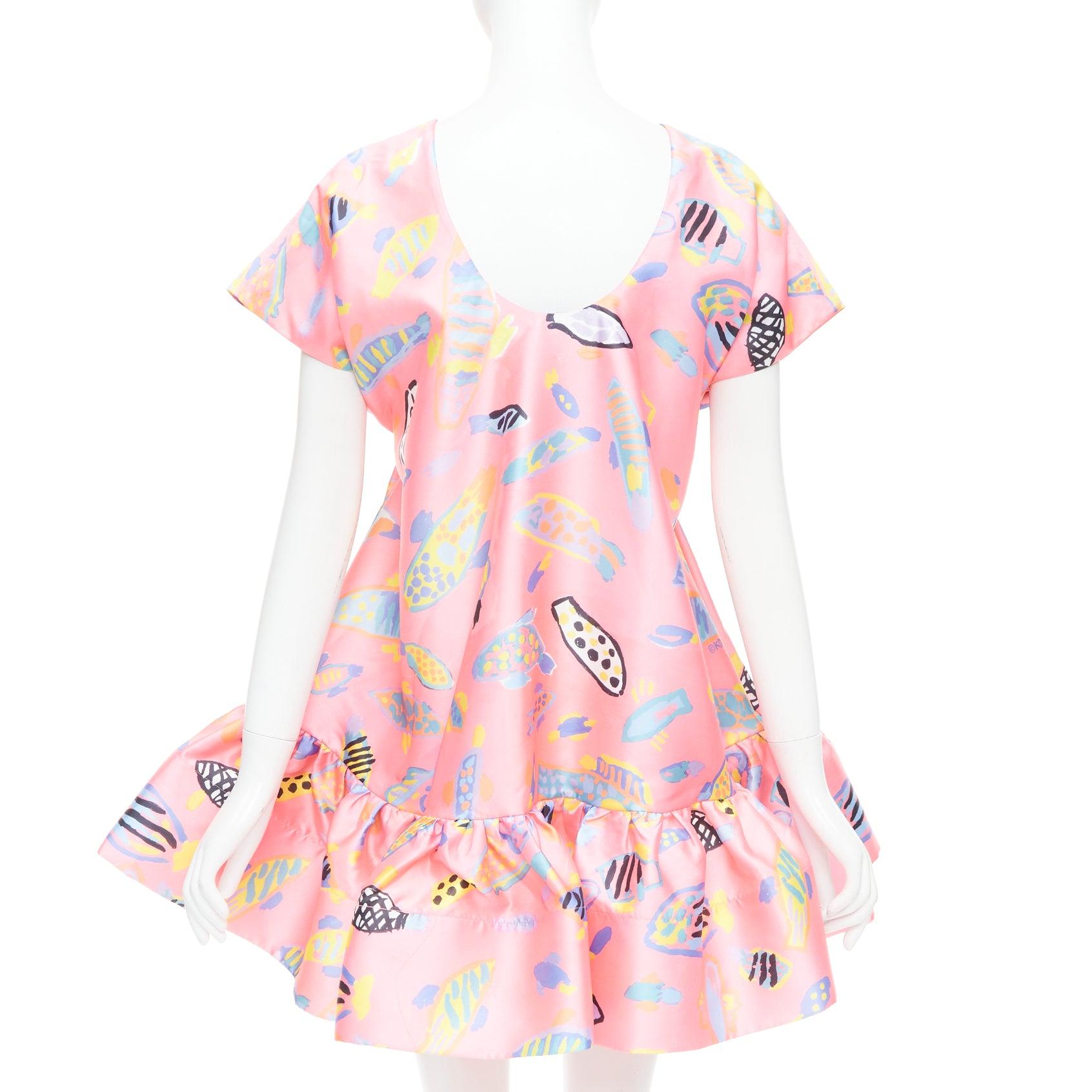 Women's ROMANCE WAS BORN Ken Done pink multicolor illustration print babydoll dress S For Sale