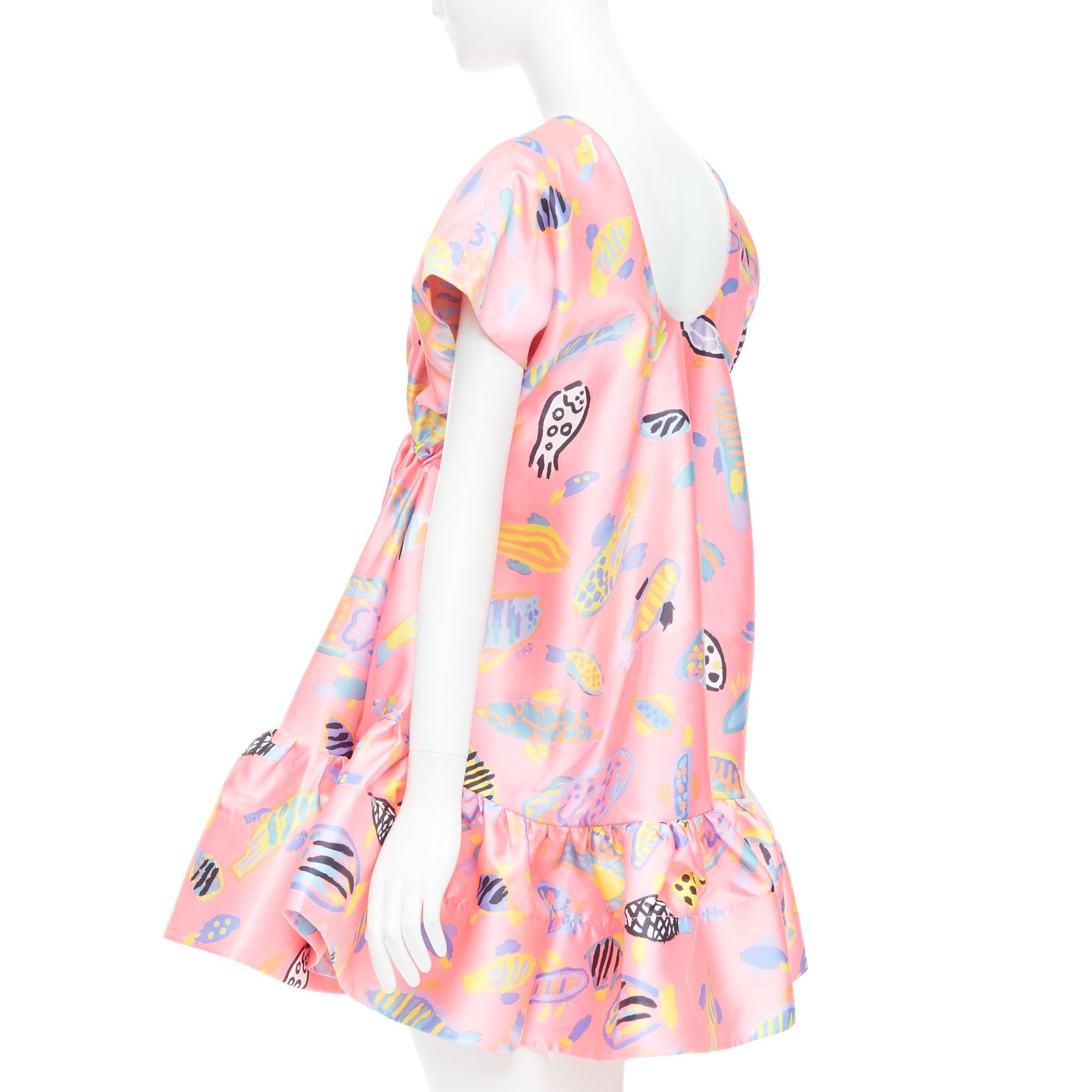 ROMANCE WAS BORN Ken Done pink multicolor illustration print babydoll dress S For Sale 1
