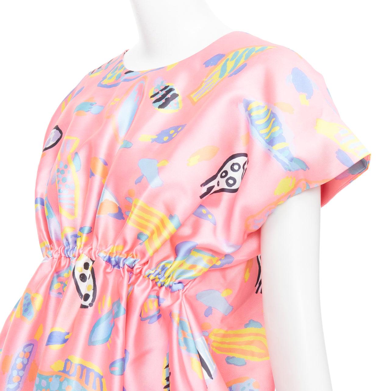ROMANCE WAS BORN Ken Done pink multicolor illustration print babydoll dress S For Sale 2