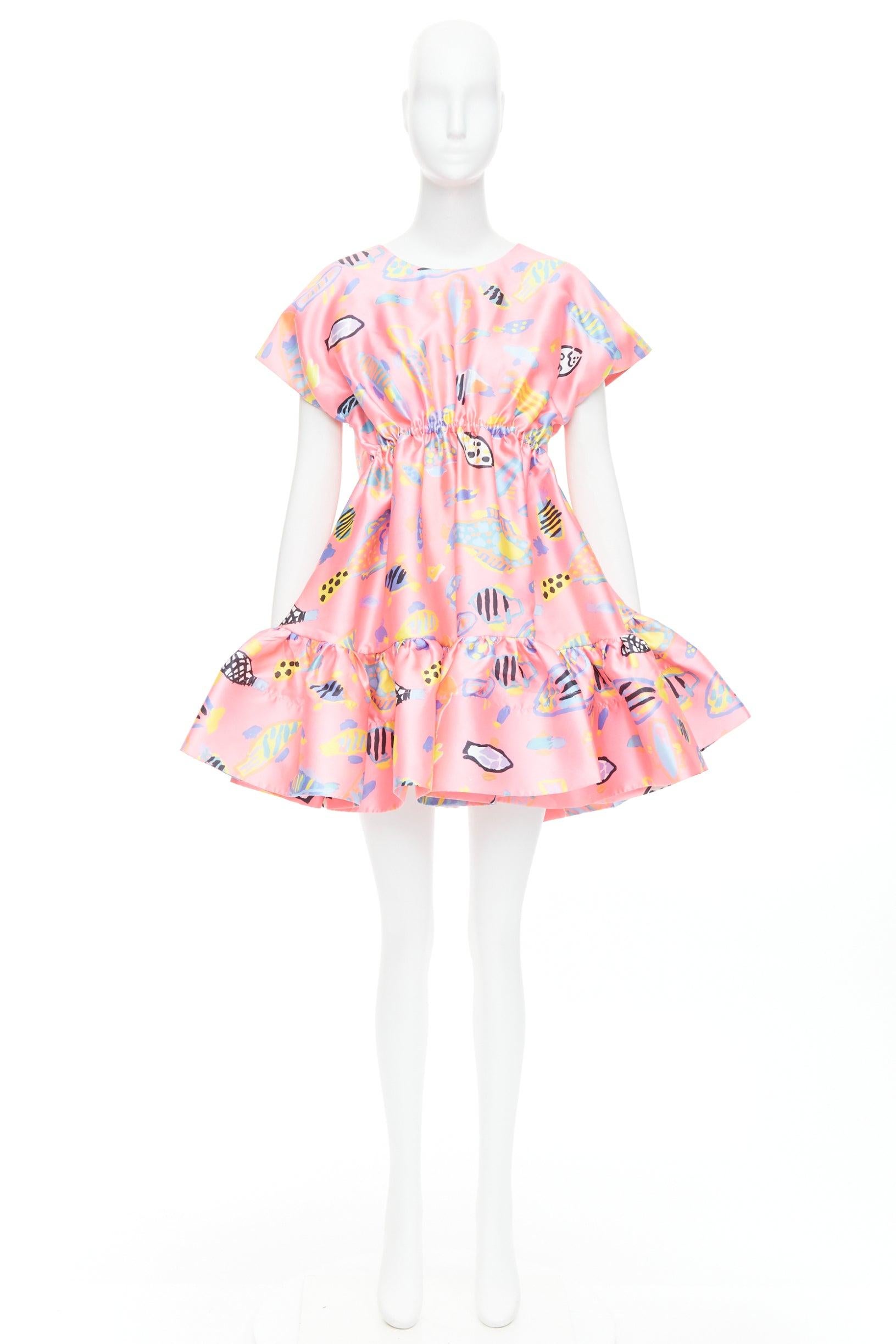 ROMANCE WAS BORN Ken Done pink multicolor illustration print babydoll dress S For Sale 4