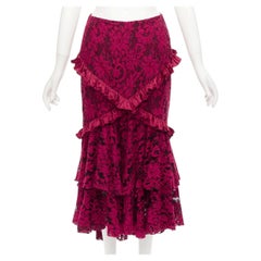 ROMANCE WAS BORN red cotton silk blend floral lace bias ruffle midi skirt AUS8 S