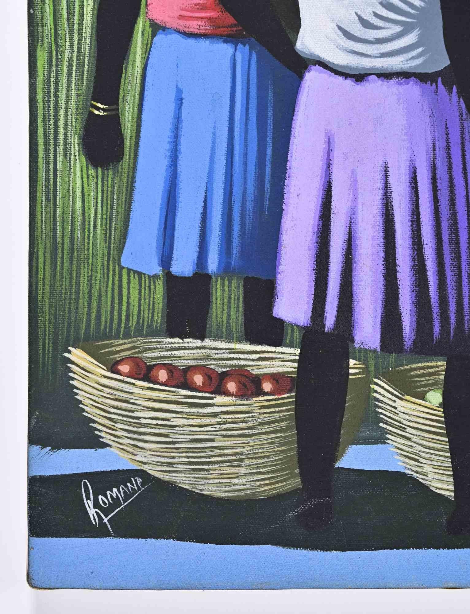 Haitianische Mädchen - Ölgemälde von Romane Jereme - 1980s im Angebot 2