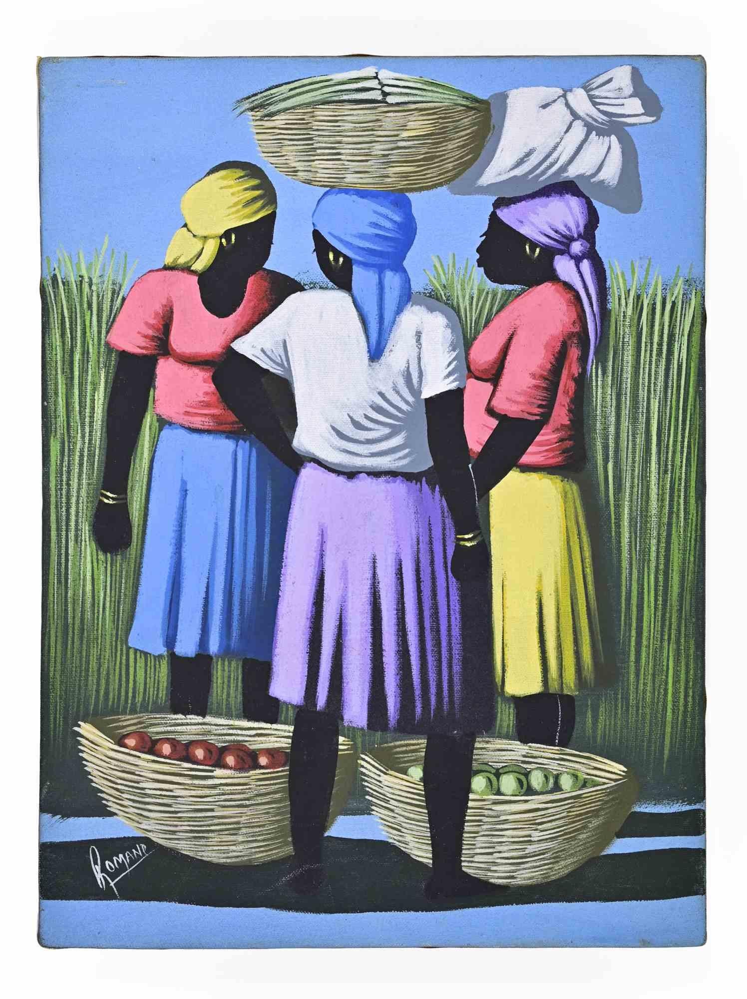 Haitianische Mädchen - Ölgemälde von Romane Jereme - 1980s