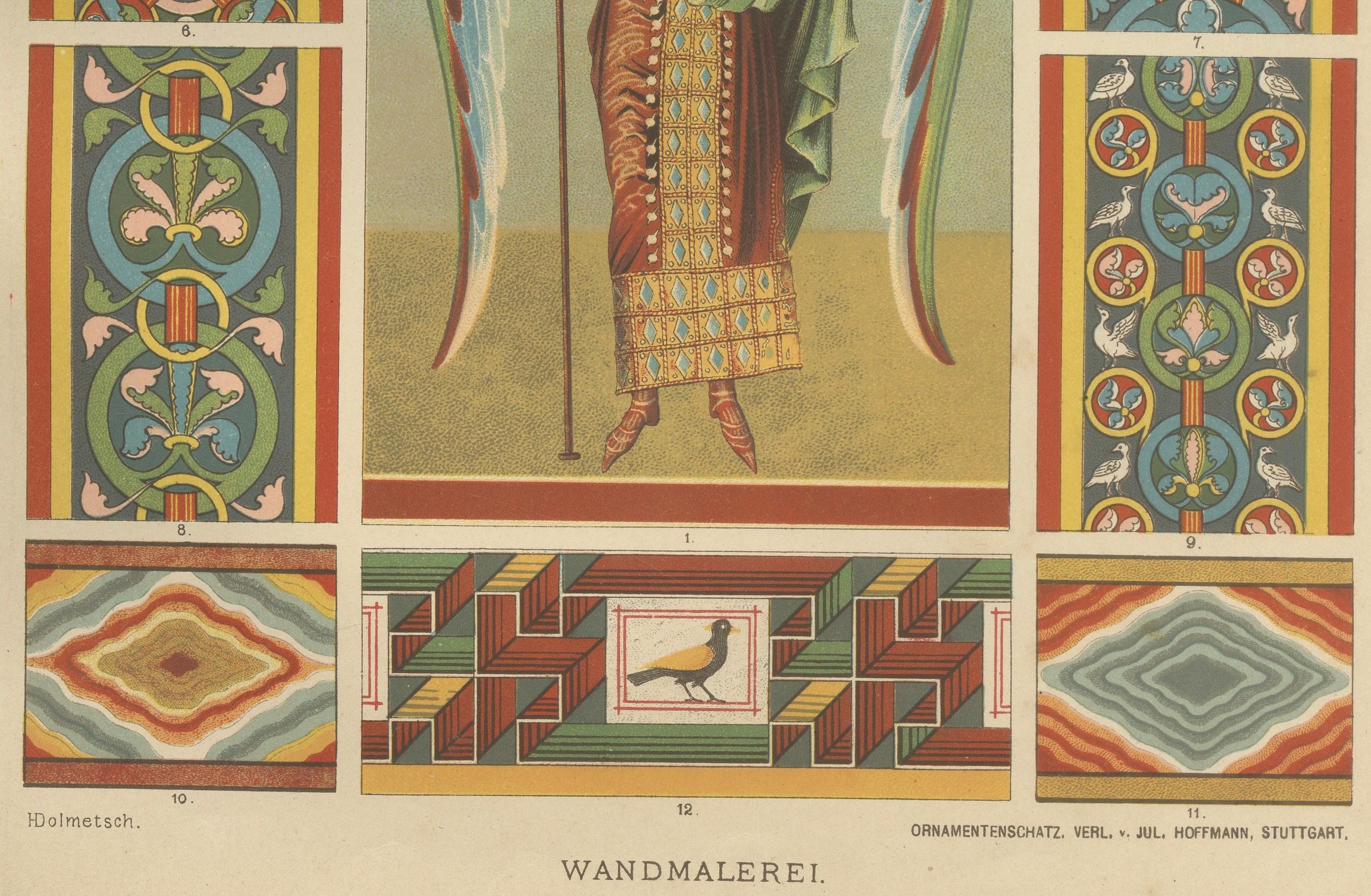 Romanische dekorative Drucke von H. Dolmetsch, 1890, Manuscript- und Wanddrucke

Dieses Paar reich kolorierter lithographischer Tafeln von Hermann Dolmetsch, erschienen um 1887 in Stuttgart im Verlag Jul. Hoffmann, präsentiert überwältigende